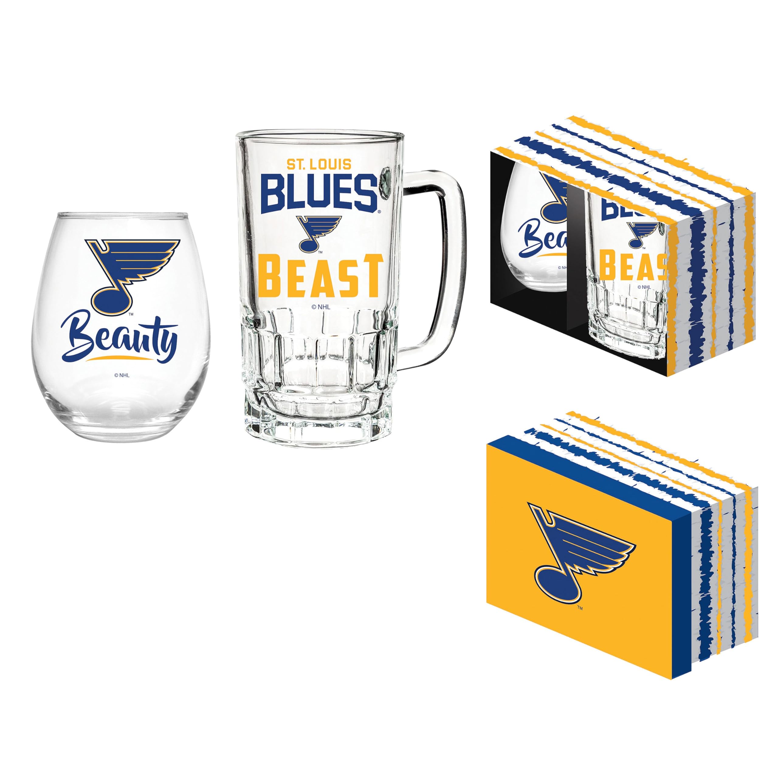 Team Sports America NHL St Louis Blues Stemless Wine Glass & Beer Mug Gift Set, 17oz Stemless Glass Cup & 16oz Glass Tankard Cup, Gifts for Hockey Fans