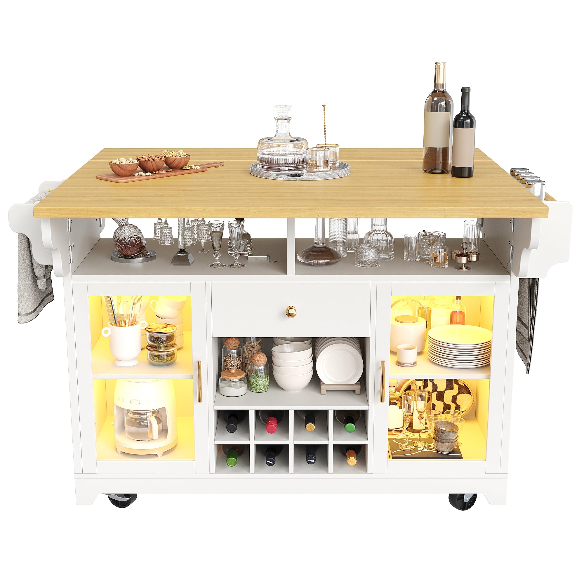 MURUL Carrito para servir blanco, isla de cocina plegable con iluminación LED RGB, carrito de bar móvil con botellero y estantes ajustables, superficie de trabajo de 120 cm