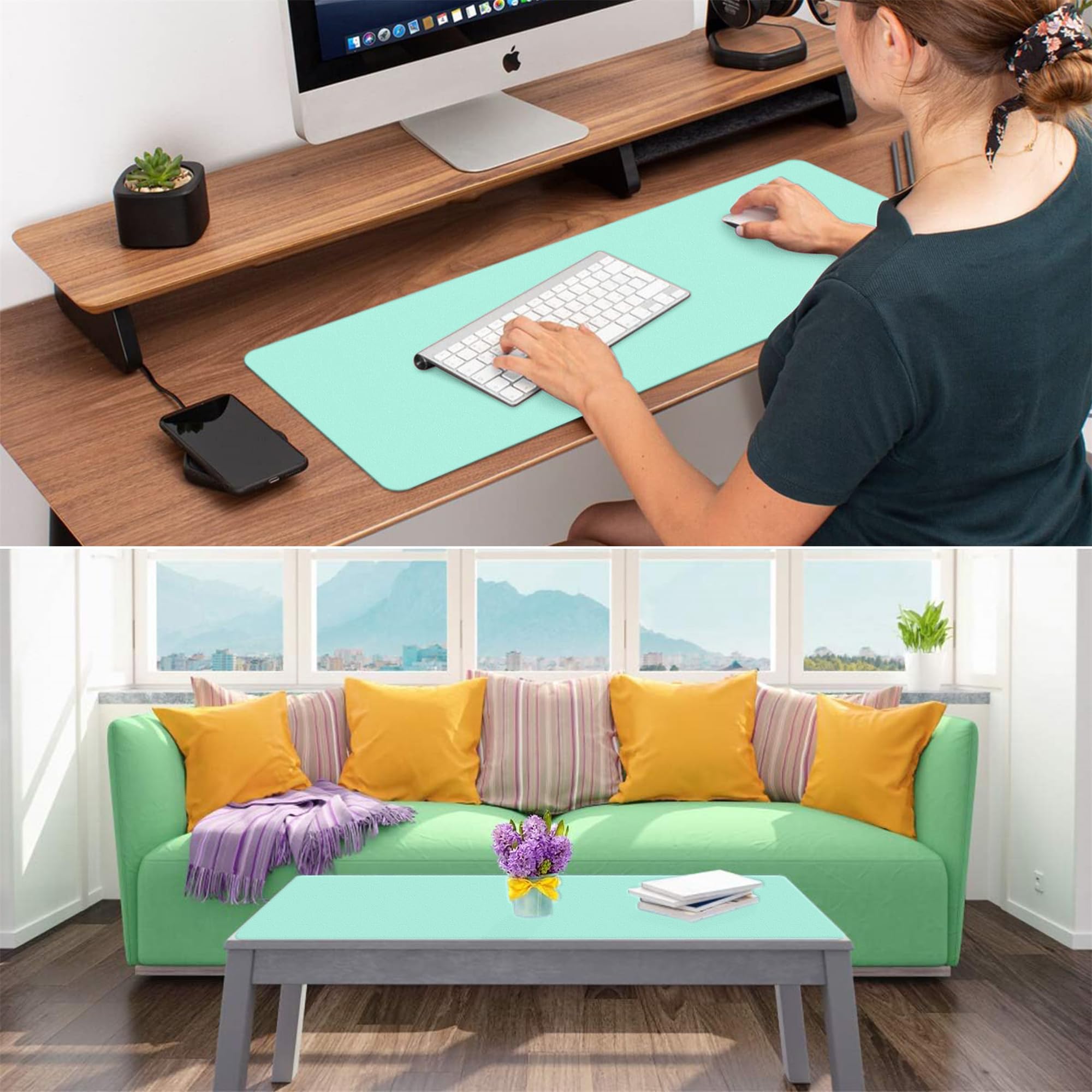 LL-COEUR Double Face Cuir Tapis de Souris Bureau Table Mat Hydrorésistant Ordinateur Pad (1000 x 500 x 2 mm, Vert clair + bleu du lac)
