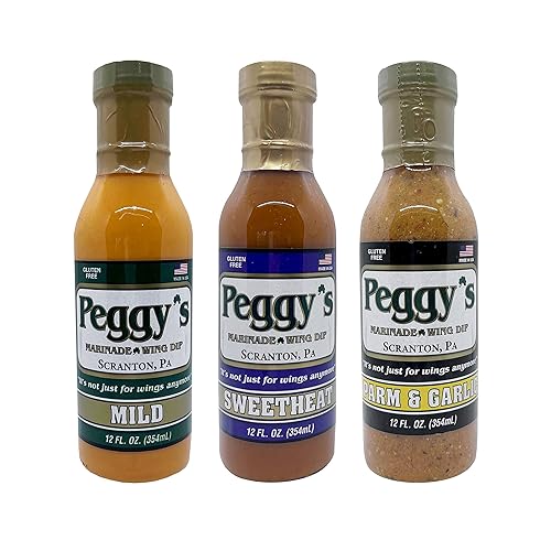 Peggy's Marinade and Dipping Sauce, paquete variado de 3 salsas, salsa suave, salsa de parm y ajo, salsa de calor dulce, deliciosa, sin gluten,