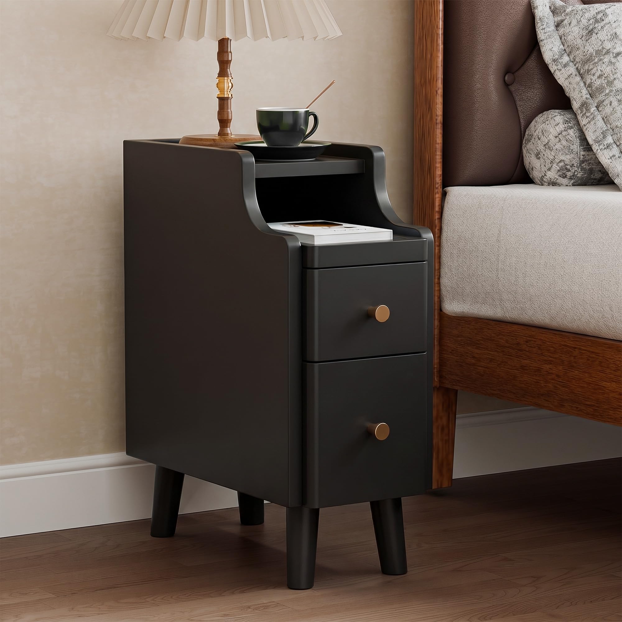 Nightstand, Pre-Assembled, 19.7“H Solid Wood Narrow Night Stand with 2 Drawers, Open Sliding Shelf, Mid Century Modern Small Bedside Table for Bedroom, Black 8"