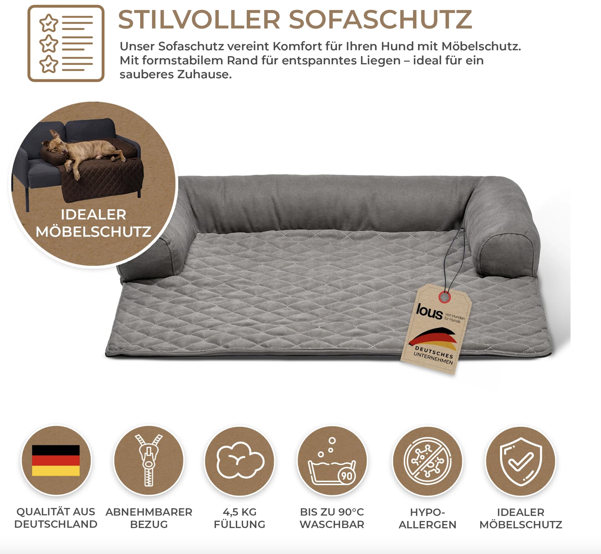 Lous Sofaschutz Hund – Hundedecke Sofa Hundebett Couch – Handgefertigte Hundematte mit Rand – Waschbar bis 90 Grad und besonders kuschlig – Größe: L ca. 90x90x13cm (Schwarz)