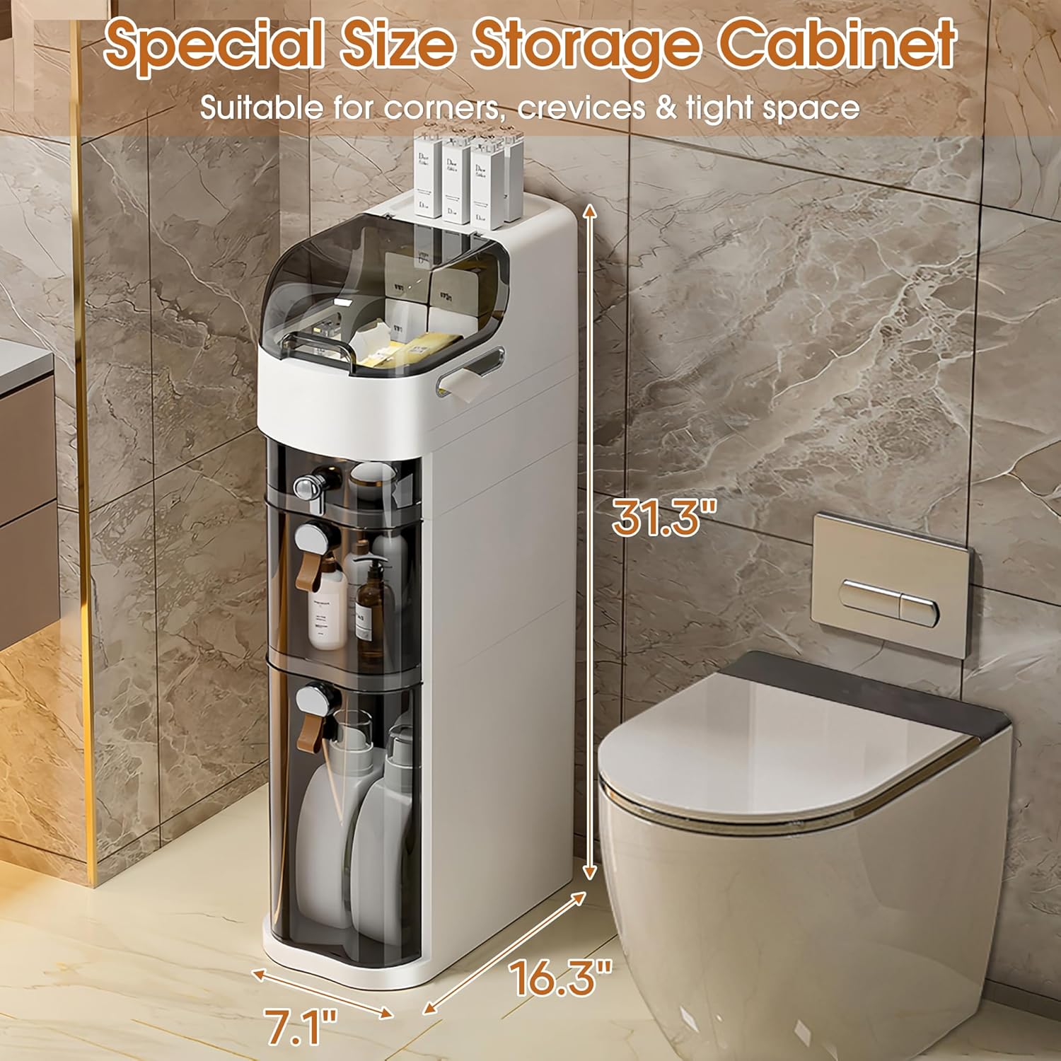 Slim Bathroom Storage Cabinet, Narrow Cabinet Dresser with Toilet Paper Storage, for Small Spaces, Kitchen, Laundry, Office, Bedroom, 3 Drawers