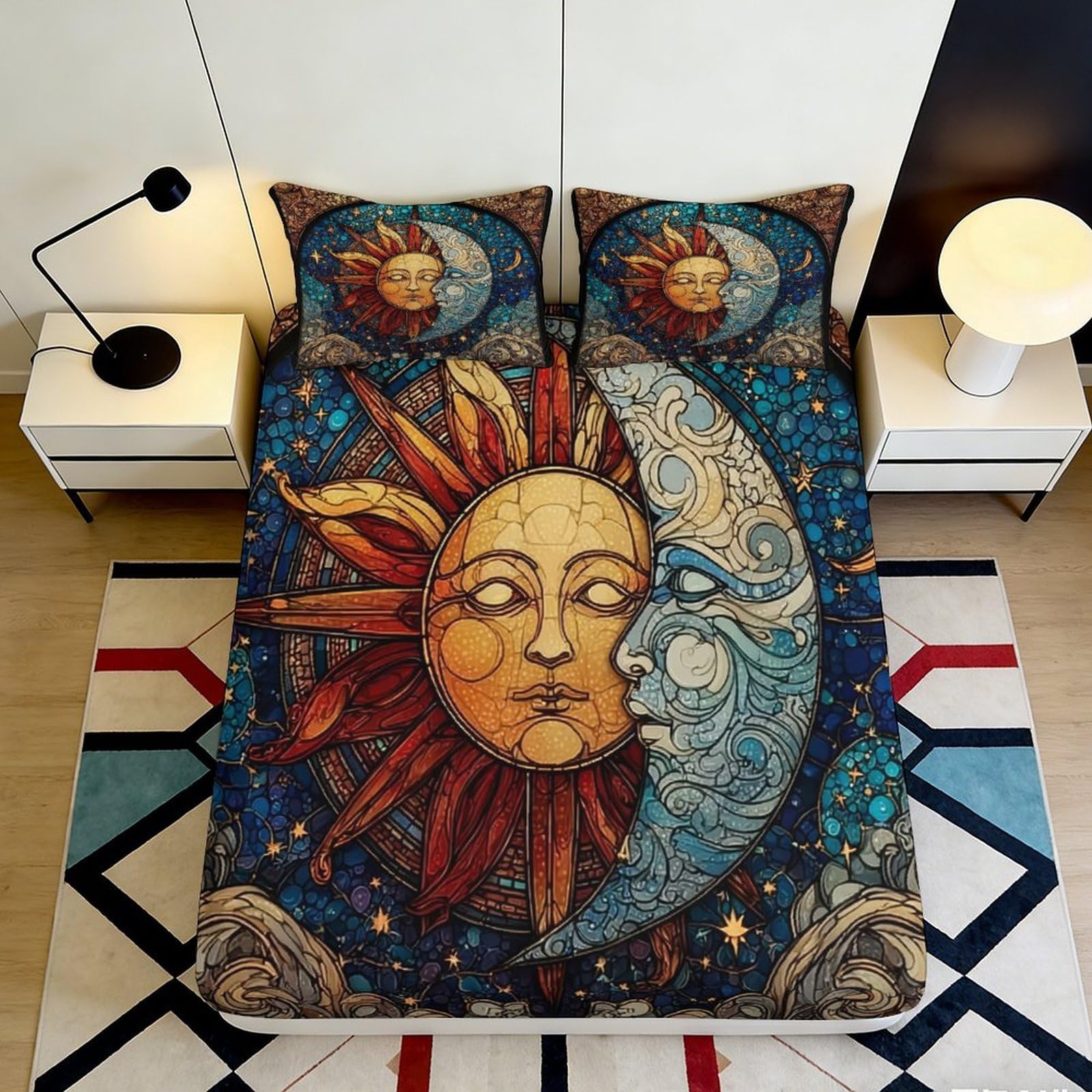3D Printed Sun and Moon Fitted Sheet Microfiber Soft Breathable Celestial Bed Cover for Bedroom Dormitory Guest Room Mattress Protection Decor 140x200x25cm