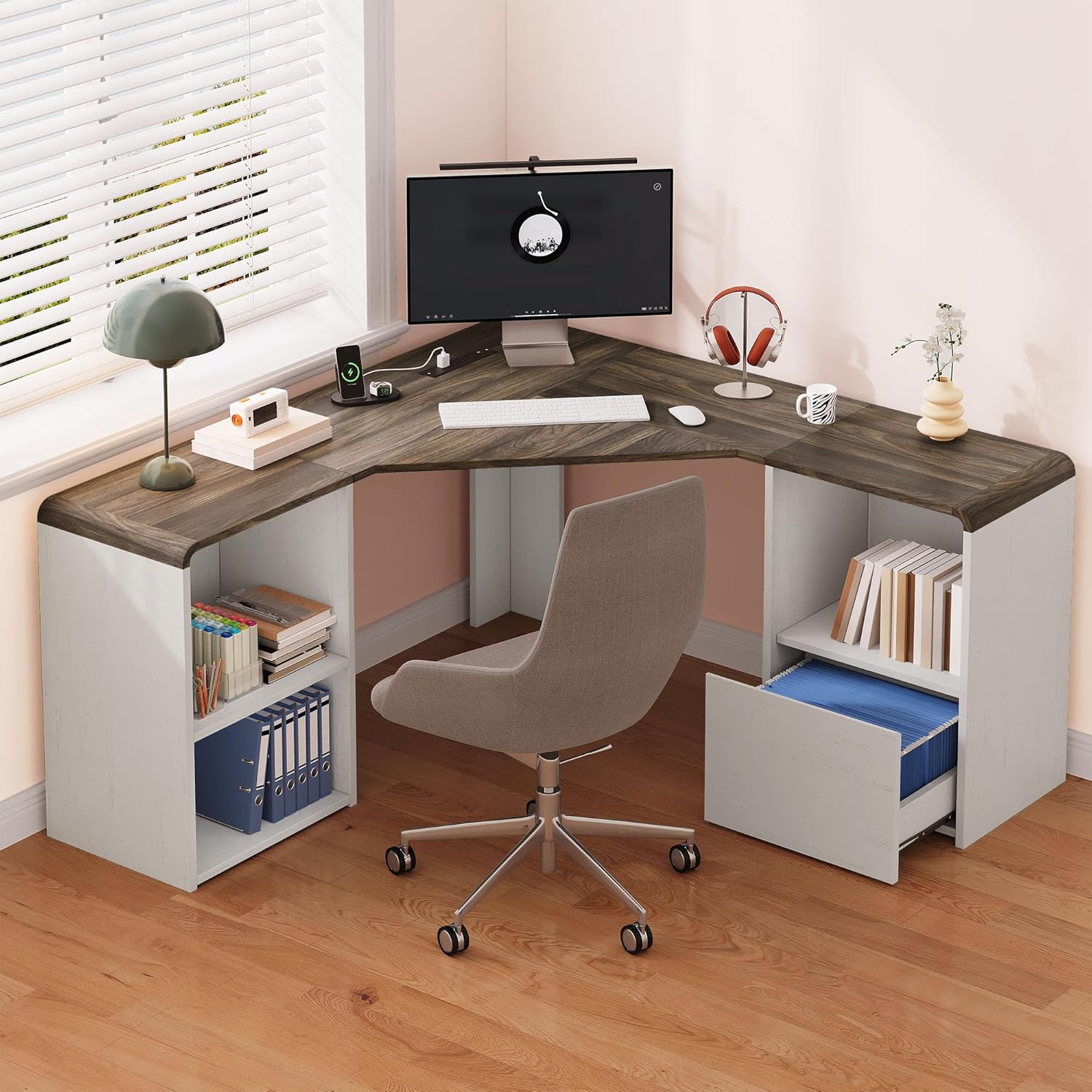 60" L Shaped Desk with File Drawer Modern Corner Computer Desk with Storage L Shape Home Office Desk Executive Desk with Power Outlets Storage Shelves File Cabinet for Working Writing White