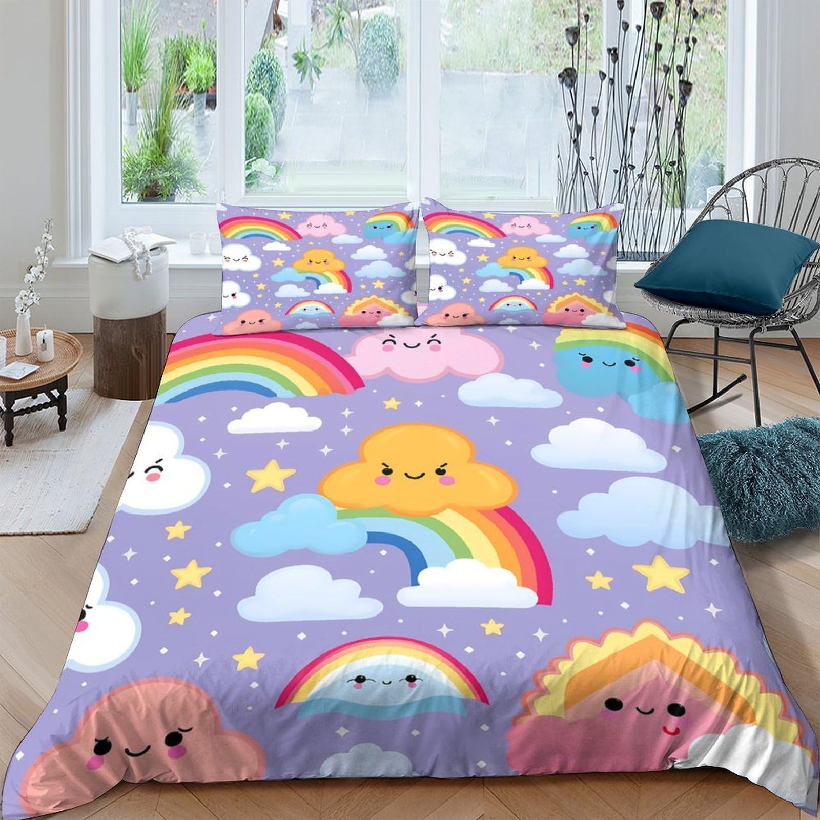 Ctjqhvkz Style-1 3D Printed Rainbow Cloud Fitted Sheet Microfiber Cute Cartoon Star Mattress Cover For Bedroom Dorm Decorative Bedding Single（135X200cm）