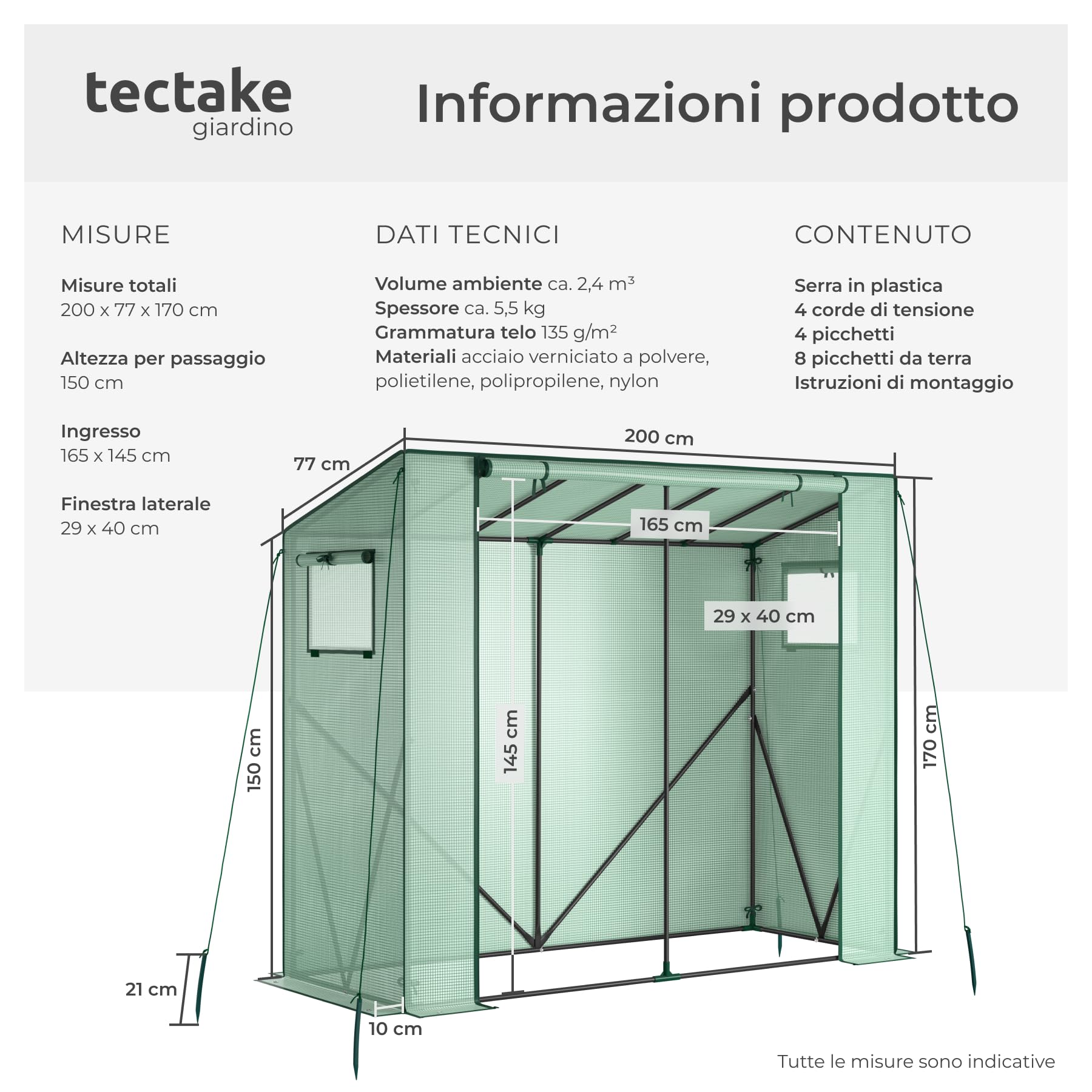 tectake® Serra da Giardino 200x77x170 cm, Copertura Retinata, Telaio in Acciaio, Resistente Intemperie e UV, 2 Finestre Laterali, Porta Avvolgibile, Serra per Orto, Giardinaggio, Piante - Verde