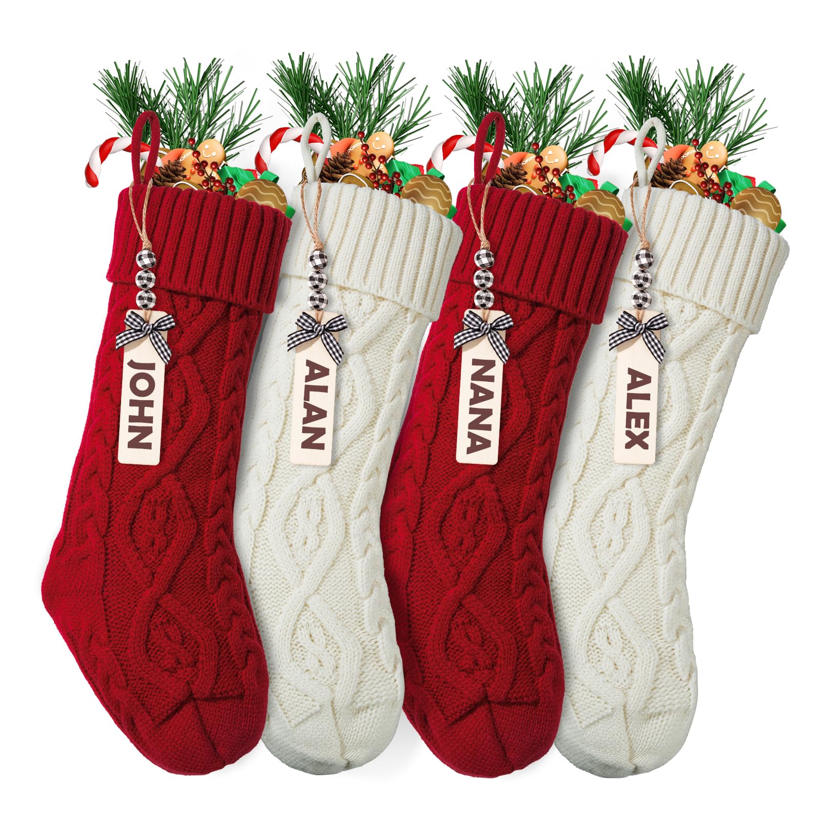 18 inches personalized christmas stockings 4 pack cable knitted xmas hanging stocking decorations with name tags gifts holiday farmhouse indoor christmas party family home decor (red ivory)