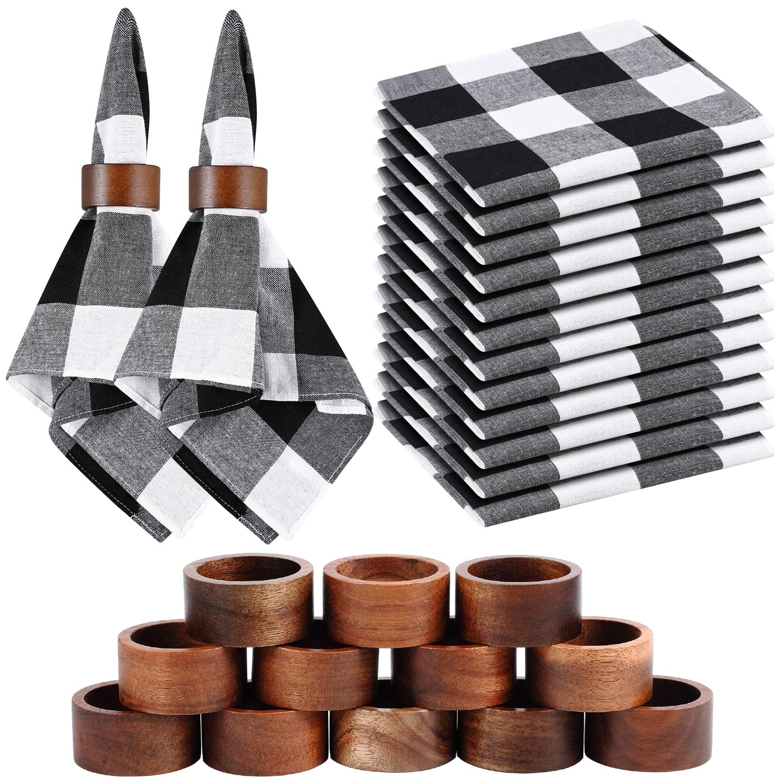 Preboun Set of 12 Black and White Cloth Napkins and Rings, 18 x 18 Inch Buffalo Plaid Cloth Napkins Wood Rings for Christmas Winter Thanksgiving Merry Xmas Holiday Party Daily Dinner Table Decoration