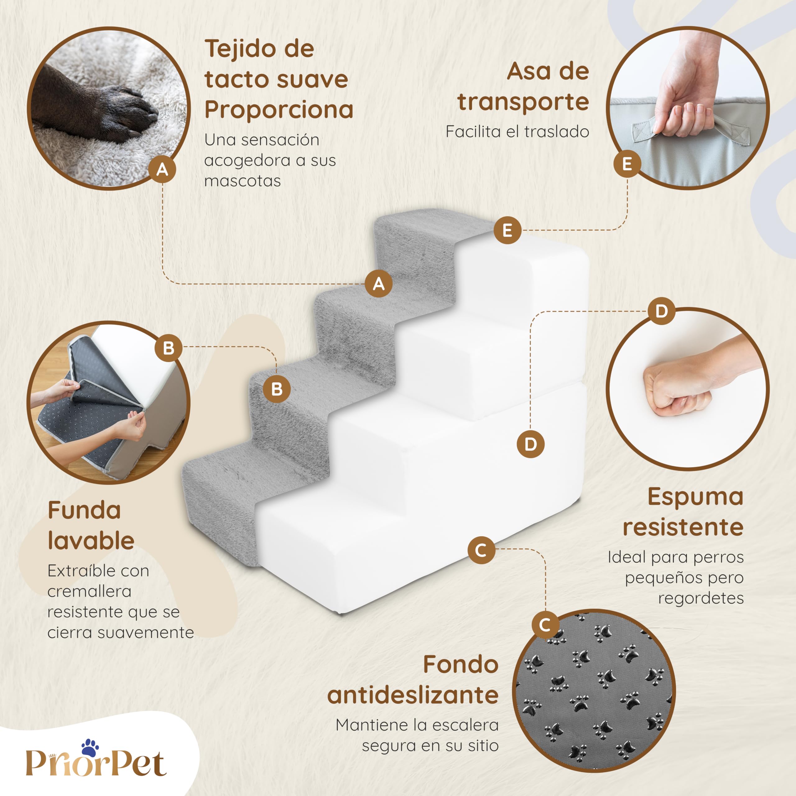 Escaleras Perros Subir a la Cama - Rampa para Perros de 4 peldaños - Escalera para Perros pequeños de Espuma de Alta Densidad de 58 cm - Base Antideslizante - Escalera para Mascotas - Gris Claro