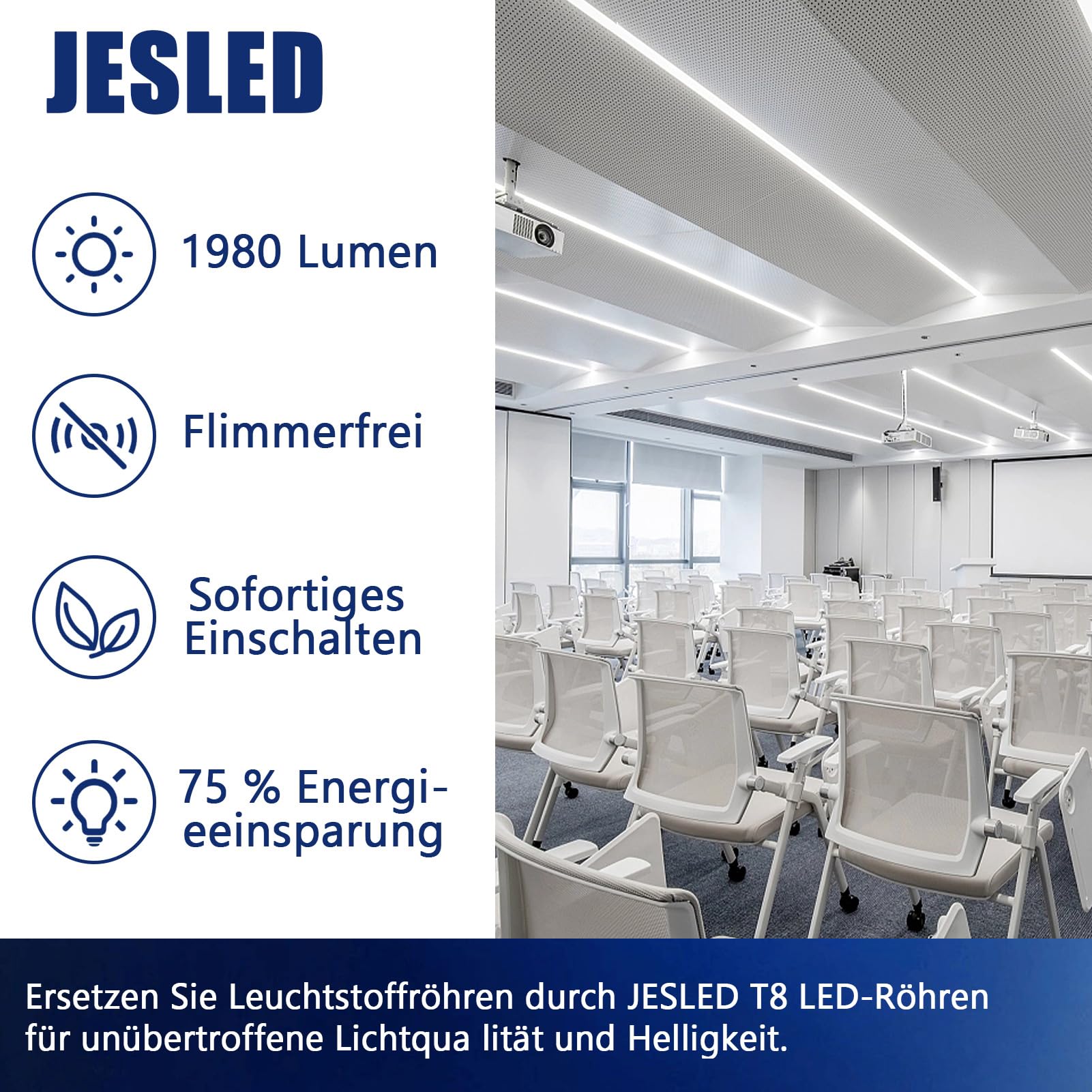 JESLED T8 G13 LED-Röhre 90 cm Flimmerfrei - 12W 1980 Lumen (165lm/W), Neutralweiß 4000K, inkl. Starter - Bürobeleuchtung Röhrenlampe, 4er Set