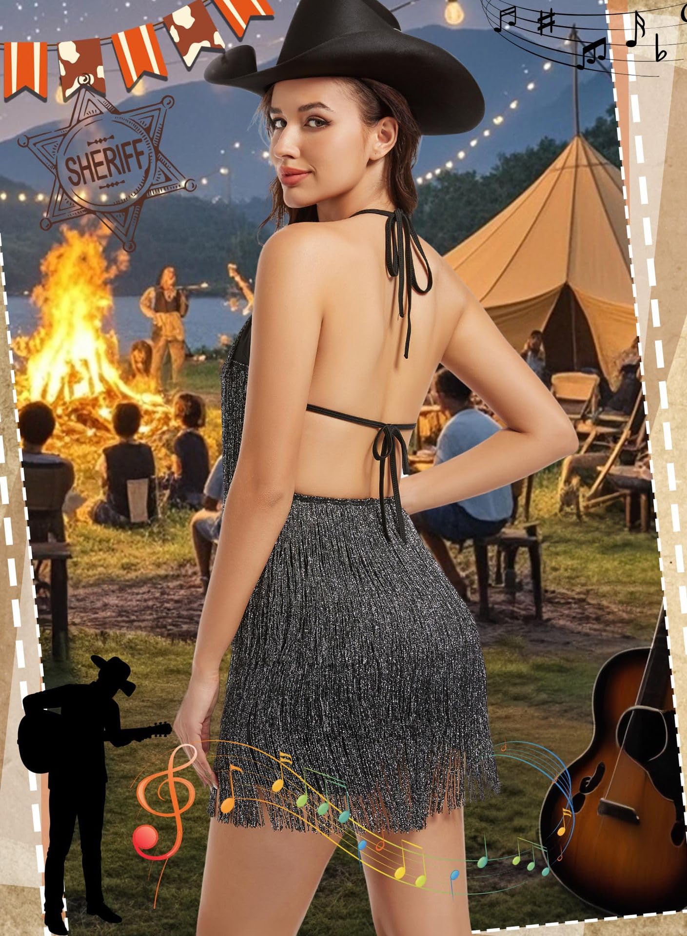 EVELUST Abito da donna con frange da concerto, stile western, con schiena scoperta, con scollo all'americana, tuta elastica, pagliaccetto per festival rodeo