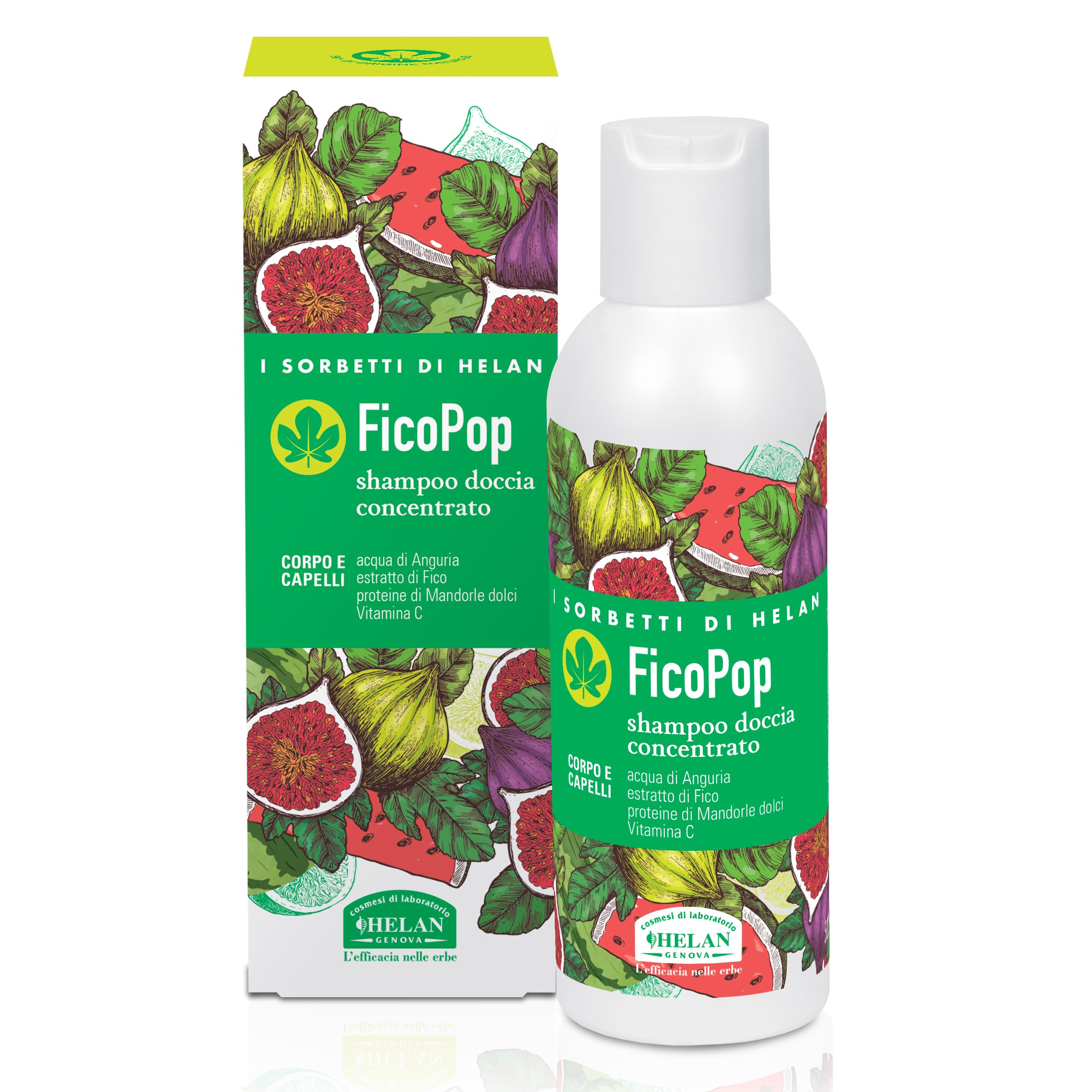 Helan I Sorbetti FicoPop - Men's and Women's Concentrated Shampoo and Shower Gel with Vitamin C, Sweet Almonds, Watermelon and Fig - Gentle Body and Hair Shower Gel with Natural Ingredients, 150 ml