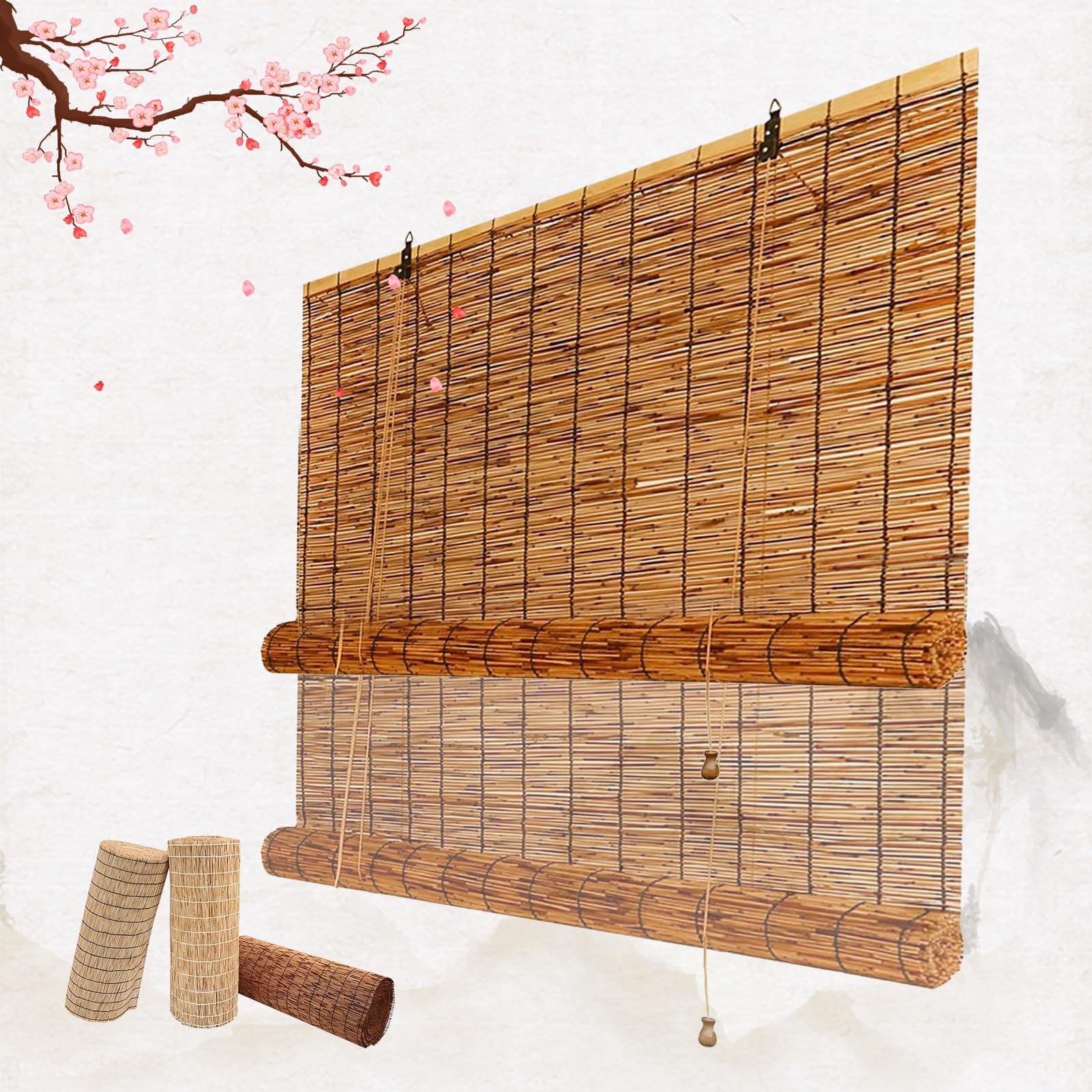 KwuSeug Bamboo Blinds for Windows, Outdoor Roller Blinds Waterproof Hand-Woven, Reed Curtains in Roman Blinds 30-170 cm Door Curtain Sunshade for Garden Balcony Porch Pergola Kitchen Shutter