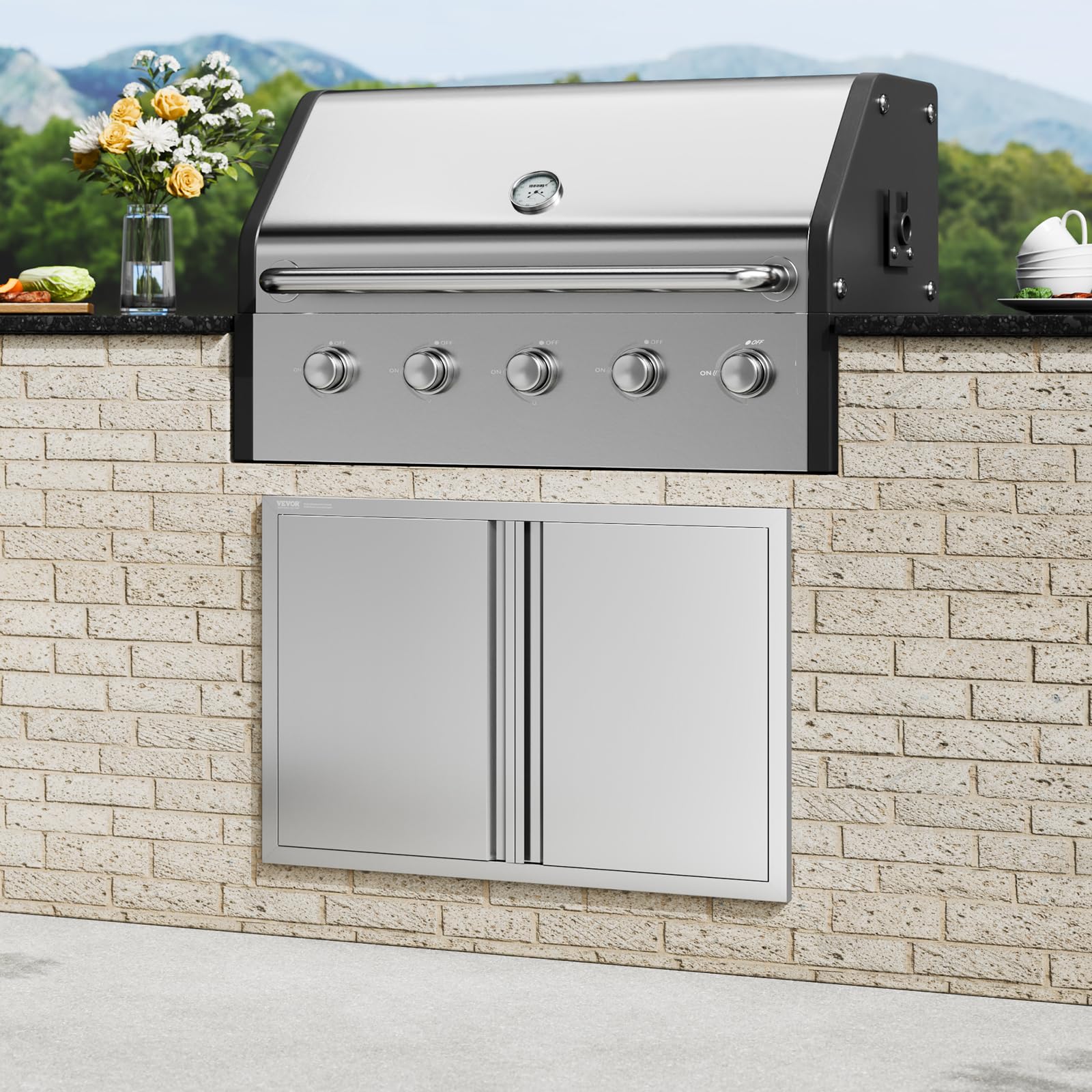 VEVOR Porte d'Accès pour Barbecue Double 914x610x45 mm Inox Poignée Encastrée