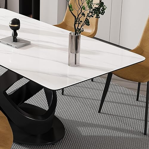 Miniatura 5 de Leavader Juego de mesa de comedor de 9 piezas, juego de 8 mesas de cocina modernas de 71 pulgadas con base de acero al carbono negro, 1 mesa de