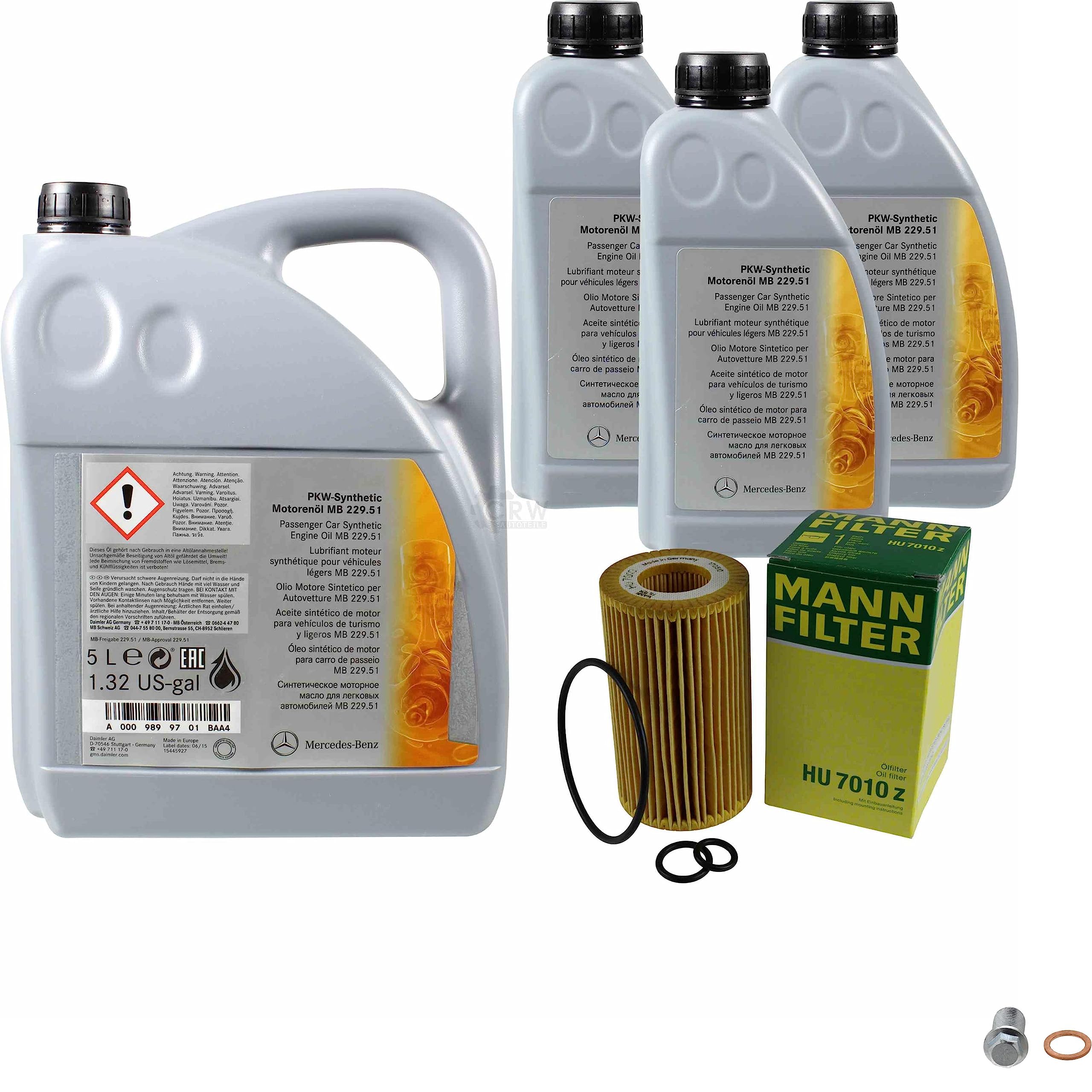 Filter Set Inspektionspaket erstellt mit 8L MB Motoröl 229.51 5W-30, MANN-FILTER Ölfilter, Verschlussschraube