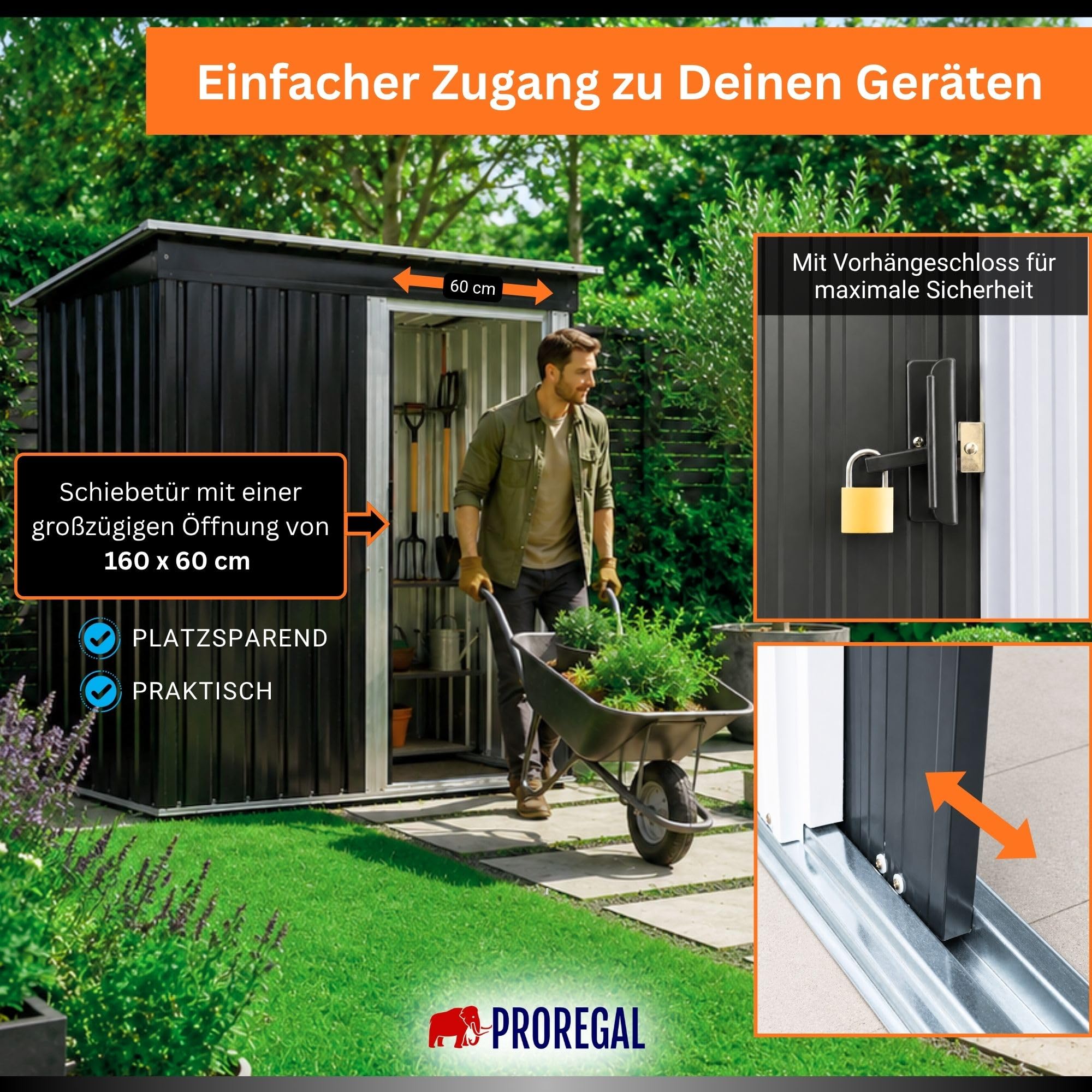 PROREGAL Gartenhaus Gerätehaus Eden Metall Klein für Garten mit Pultdach, 2 m³, abschließbarer Schiebetür 182x161x88cm Anthrazit Geräteschuppen wetterfest Gartenhütte Outdoor