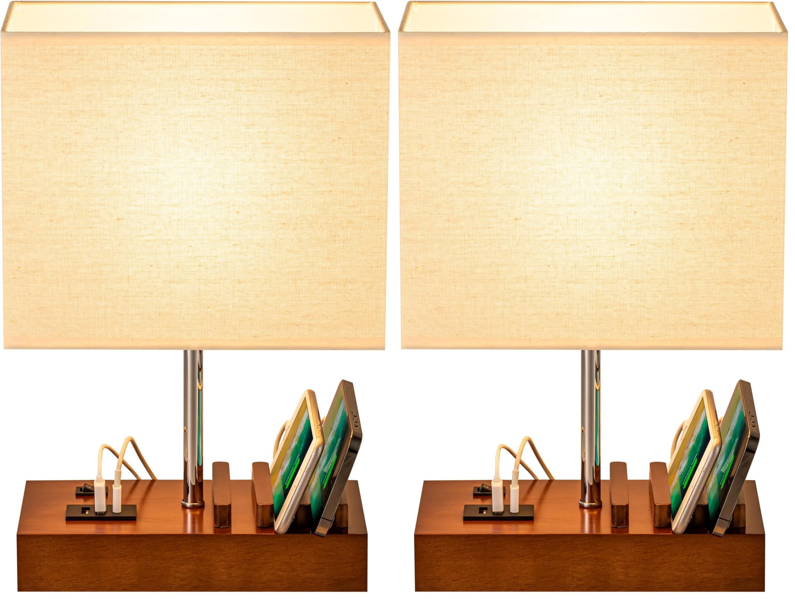 Dreamholder Tischlampe mit 3 USB A+C Anschlüssen, 3 Telefonständer, Moderne USB Nachttischlampe für Schlafzimmer, Wohnzimmer, Büro, Nachttischlampe mit Walnussholzsockel & Stoffschirm (Packung mit 2)