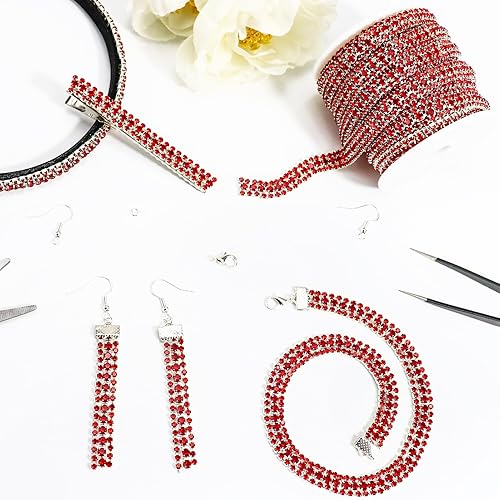 Miniatura 4 de Cadena de diamantes de imitación de cristal de 6 yardas y 3 filas, cadena de cierre de diamantes de imitación de cristal rojo para hacer joyas,