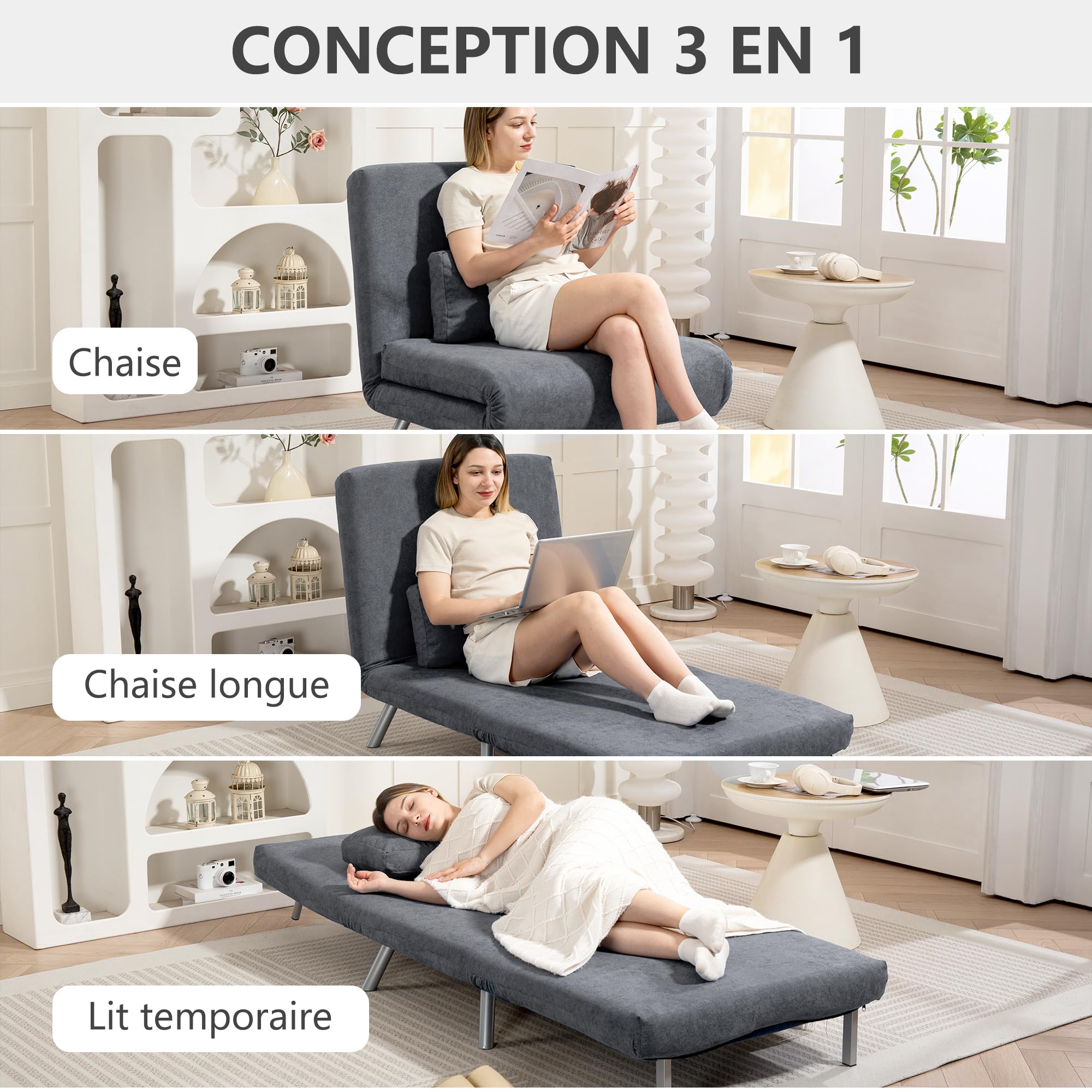 HOMCOM Fauteuil Convertible 1 Place, Fauteuil-lit clic-clac, chauffeuse 3 en 1 avec Dossier réglable, Oreiller, Assise Large, canapé-lit rembourré en Flanelle Neige pour invités, Salon, Bureau, Gris