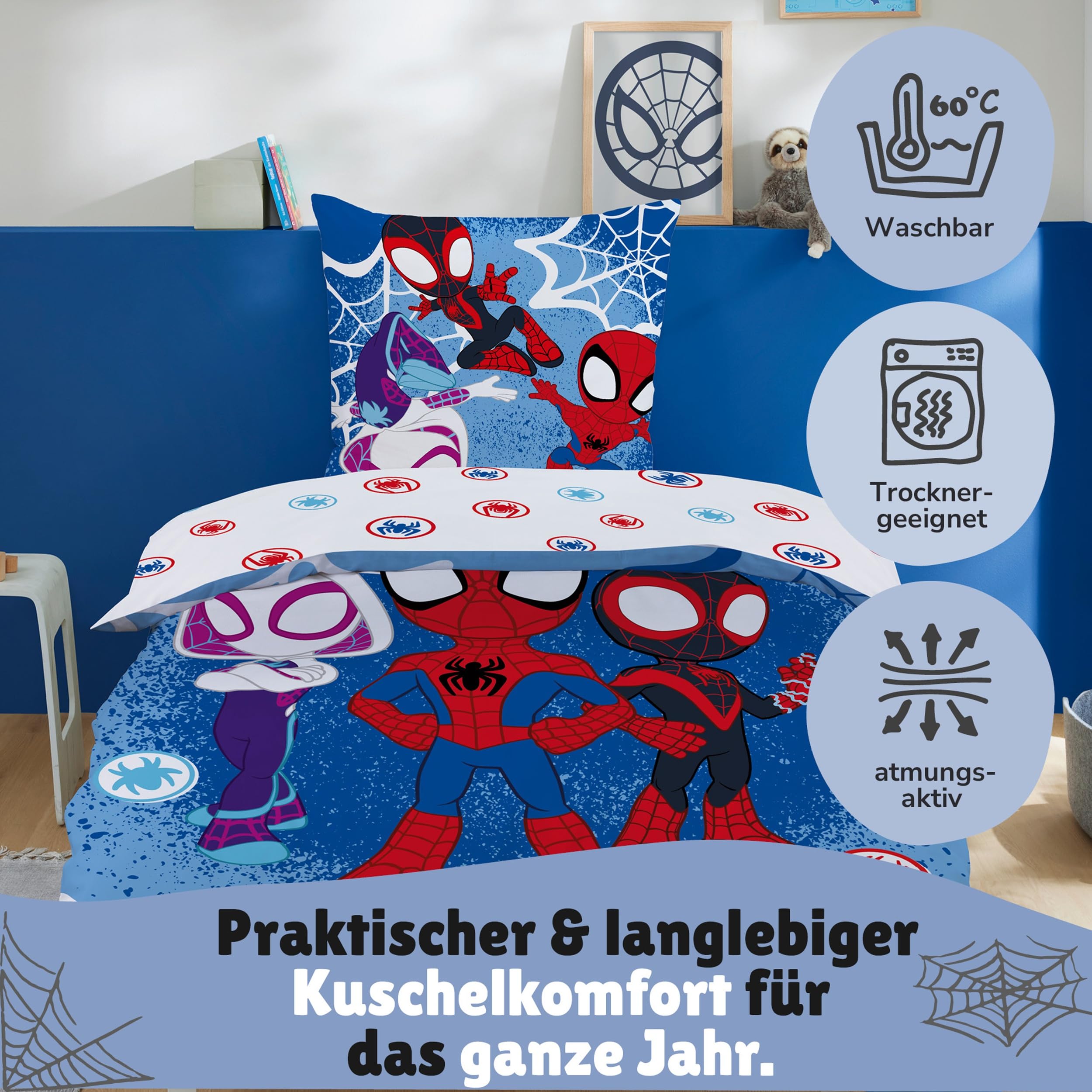 Familando – Spidey Bettwäsche-Set (2-teilig) – Decken- & Kissenbezug 135x200 cm & 80x80 cm mit Reißverschluss – Flanell aus 100% Baumwolle – Winterbettwäsche – Öko-TEX Zertifiziert