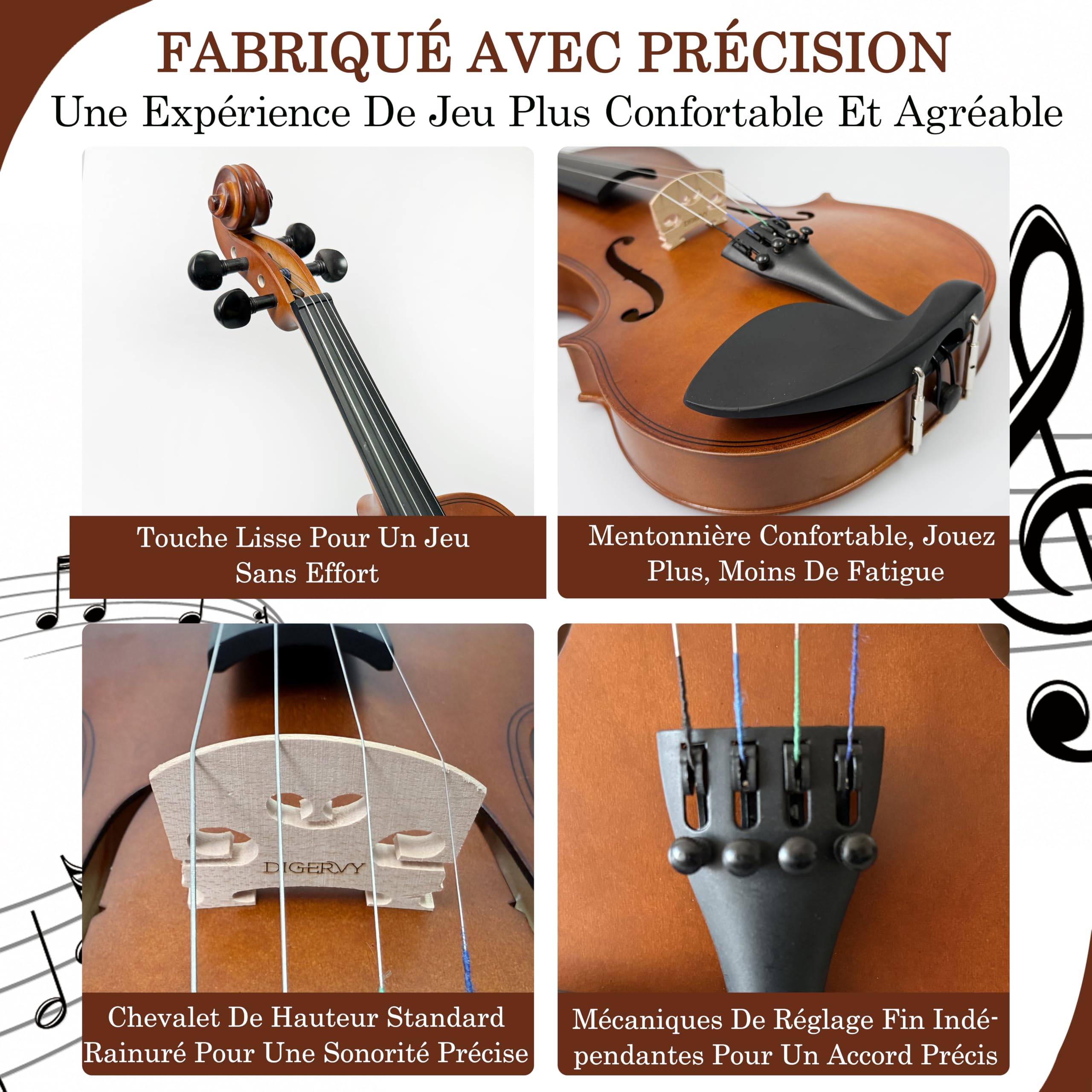 Violon 4/4 pour Débutants – Kit Complet Taille Adulte avec Étui, Archet, Coussin d'Épaule, Colophane, Cordes et Chevalet – Violon Acoustique pour Étudiants et Adultes