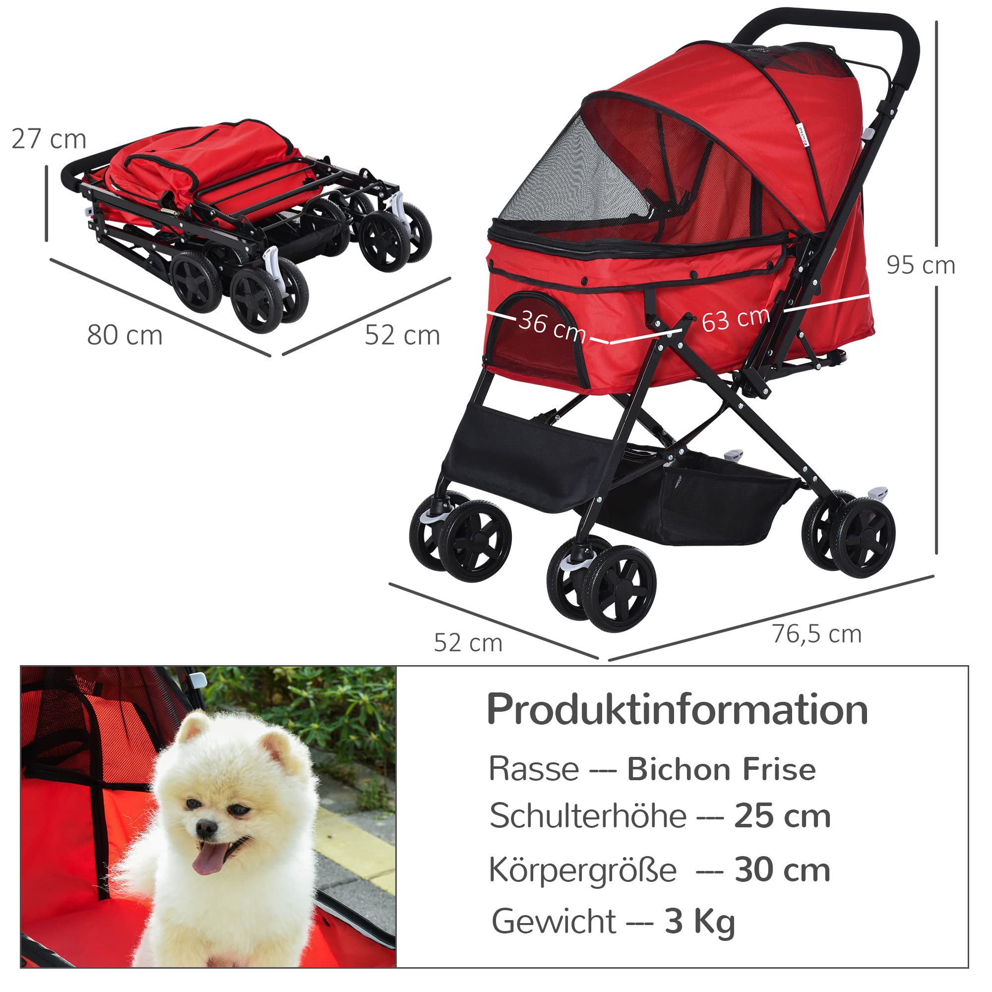 PawHut Hundebuggy Hundewagen Buggy für kleine Hunde und Katzen Haustierwagen Pet Stroller Katzenbuggy Oxford Rot 76,5 x 52 x 95 cm