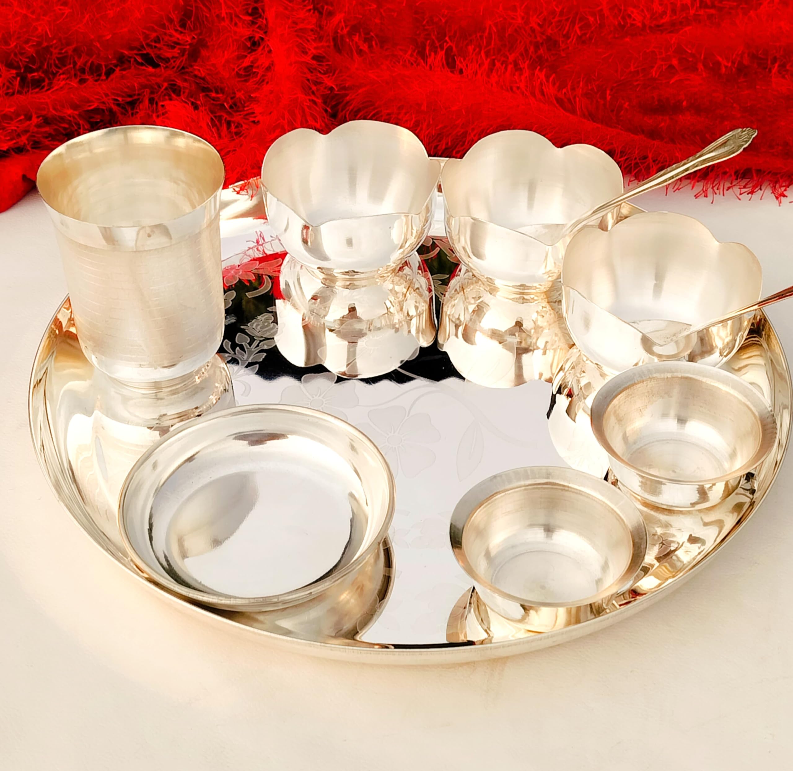 German silver big size flower engraved Dinner set/bhojan thali/pooja thali set with lotus shape bowl