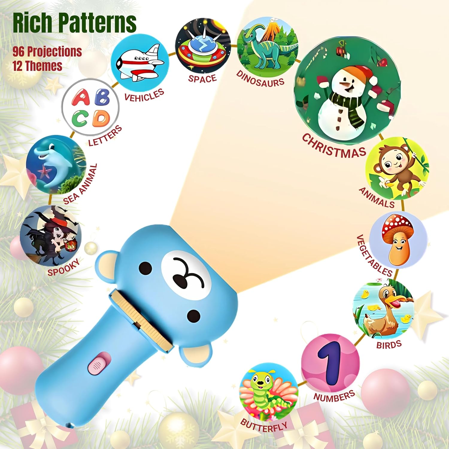 Bear Flashlight Projector for Kids; 96 Projections - 12 Themes; Christmas, Halloween, Letters, Numbers, Animals, Birds, Butterfly, Vehicles, Dinosaurs, Sea, Veggies, Space; Ages 3+ (Blue)