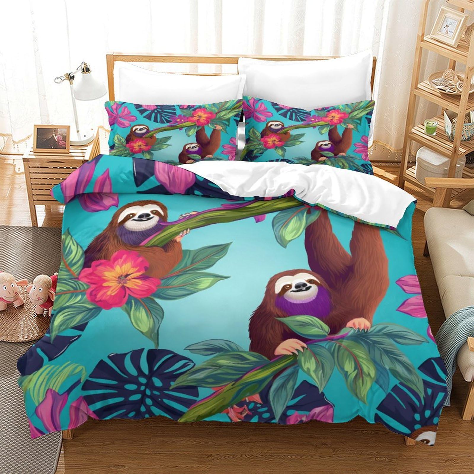 P1S9U7W5Y 3D Printed Tropical Sloth 3pcs Microfiber Duvet Cover Set Jungle Bedding Set King