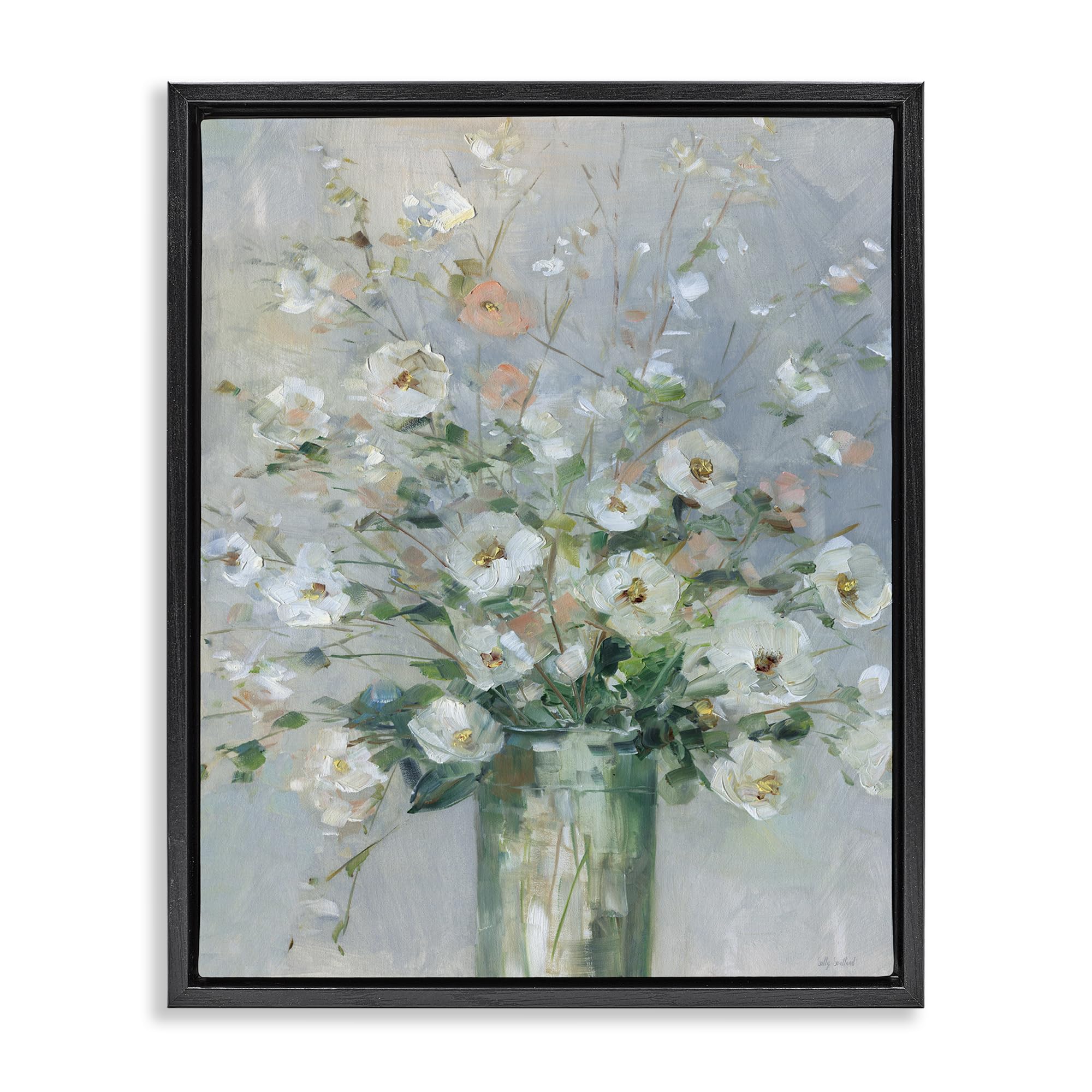 Stupell Industries Jet Black (Matte) 'Delicate White Blossoms Impression', Floating Frame Canvas Art, Black, 25 X 31 Inches, Easy To Hang And Sturdy, Made In Usa, By Sally Swatland