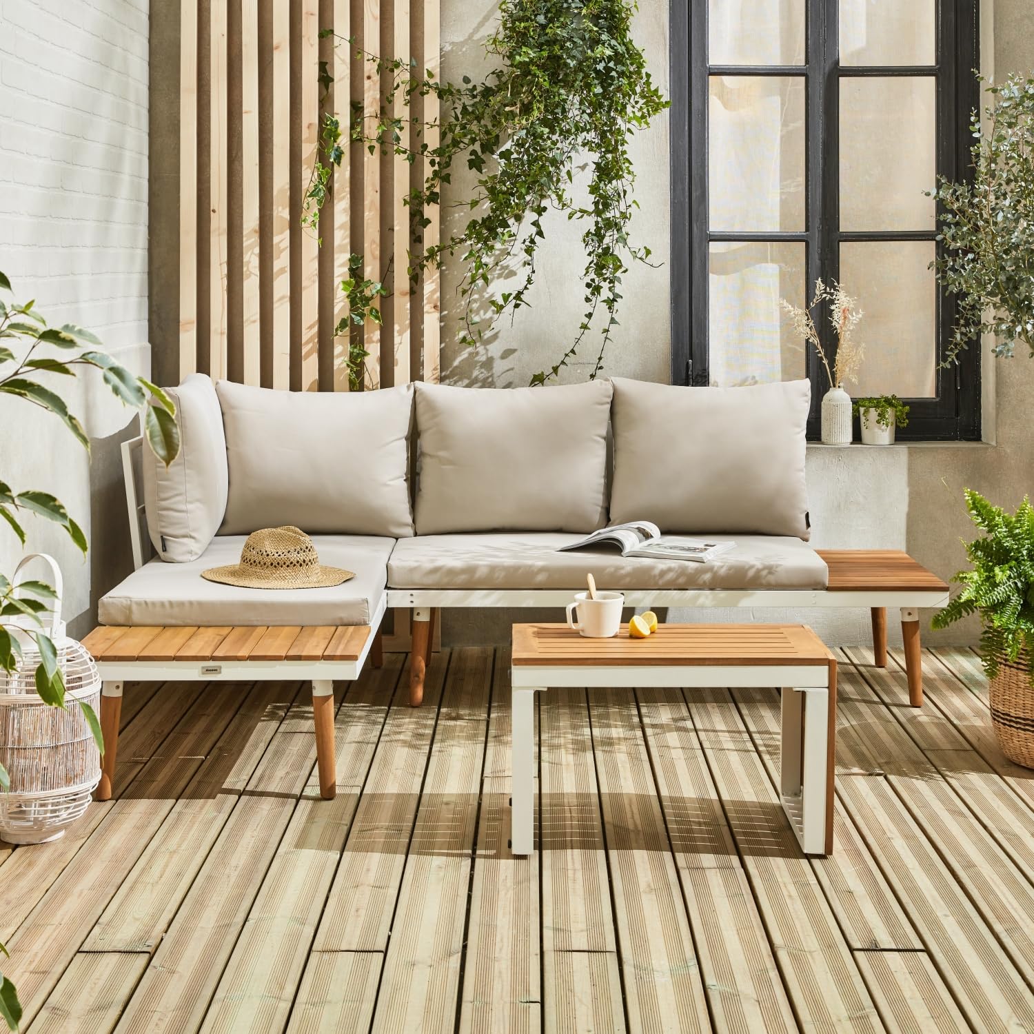 Alice's Garden - Salon de Jardin Beige et Blanc modulable en Aluminium et Bois d'acacia. 4 Places. Sao Paulo.140 x 68 x 65cm