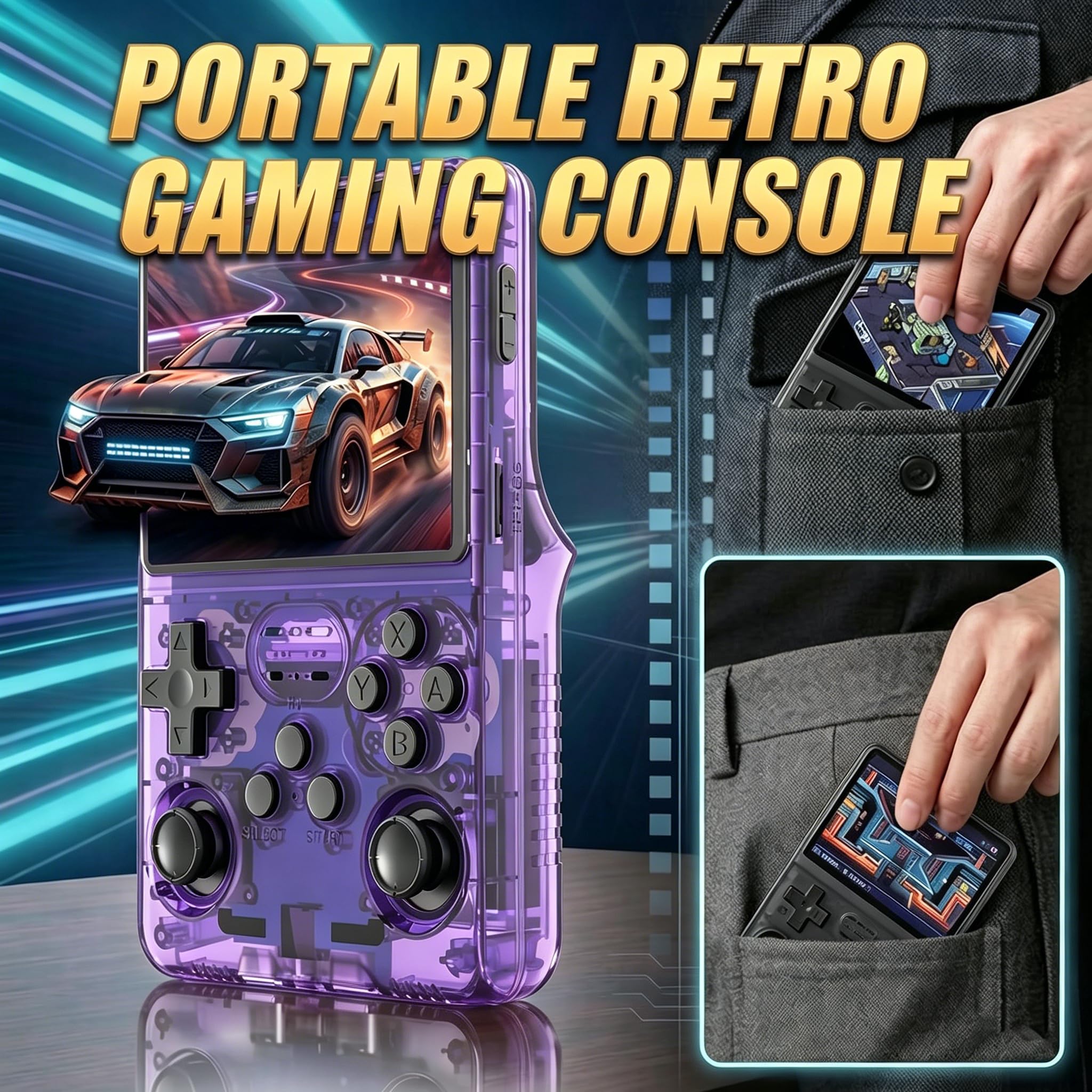 Upgrade Retro Konsole Handheld Spielkonsole, R36S Portable Handheld Video Games mit 21.000+ Klassischen Spielen, 3.5-Zoll-IPS-Bildschirm, Tragbarer Videospielkonsole (Lila)