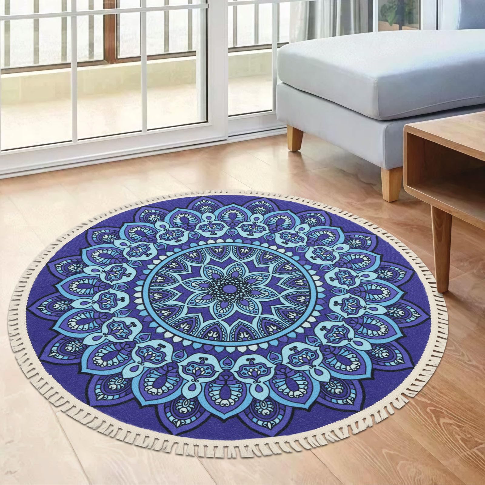 Alfombra de cocina azul marino con mandala, redonda, bohemia, redonda, decoración del hogar, esterilla de yoga, alfombra de picnic, alfombra de 60 cm de diámetro, para dormitorio, sala de