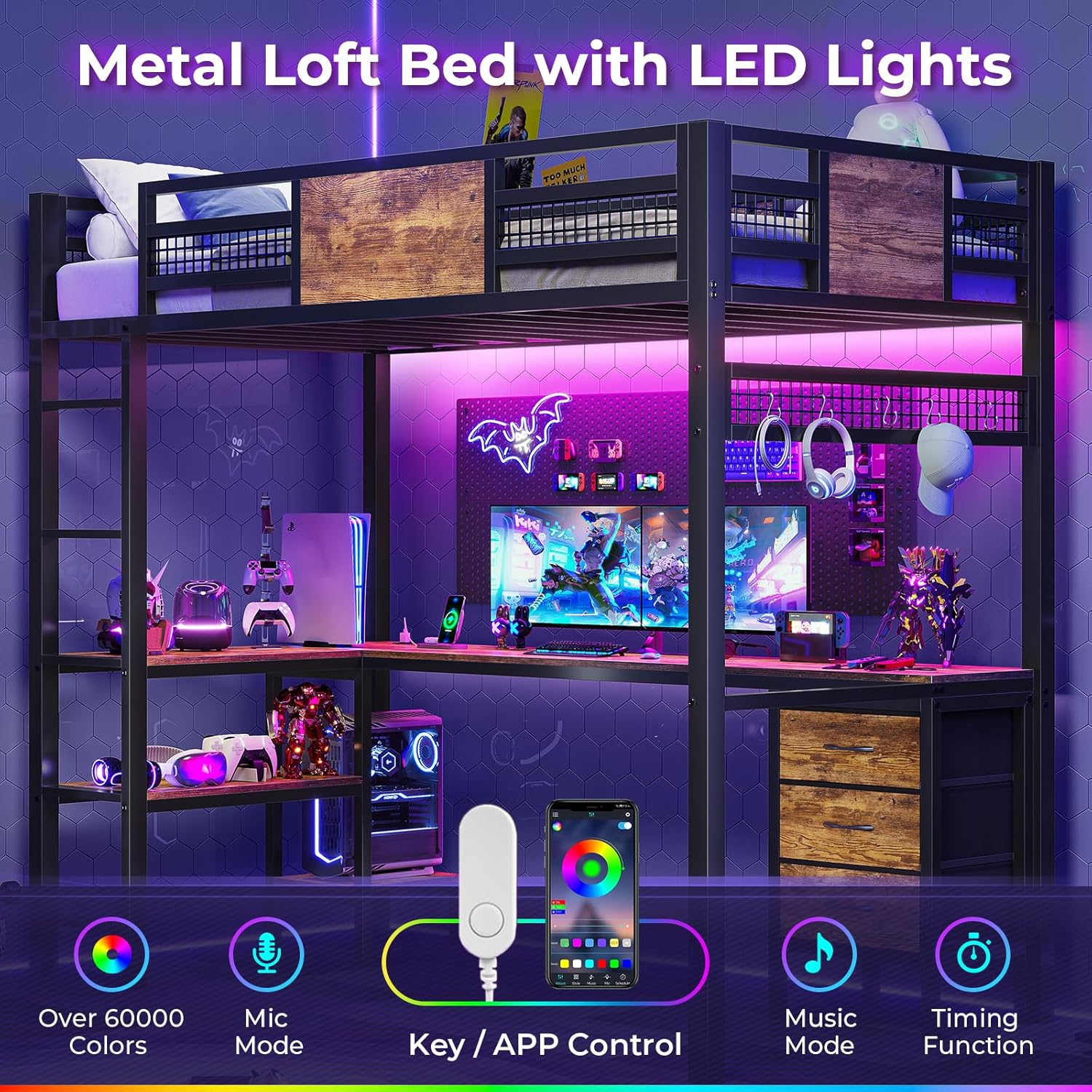 ADORNEVE Loft Bed Twin Size with L-Shaped Desk, LED Lights,Charging Station, Twin Metal Loft Bed Frame with Fabric Drawers & Shelve, 13.4" H Safety Guardrail, No Box Spring Needed, Rustic Brown