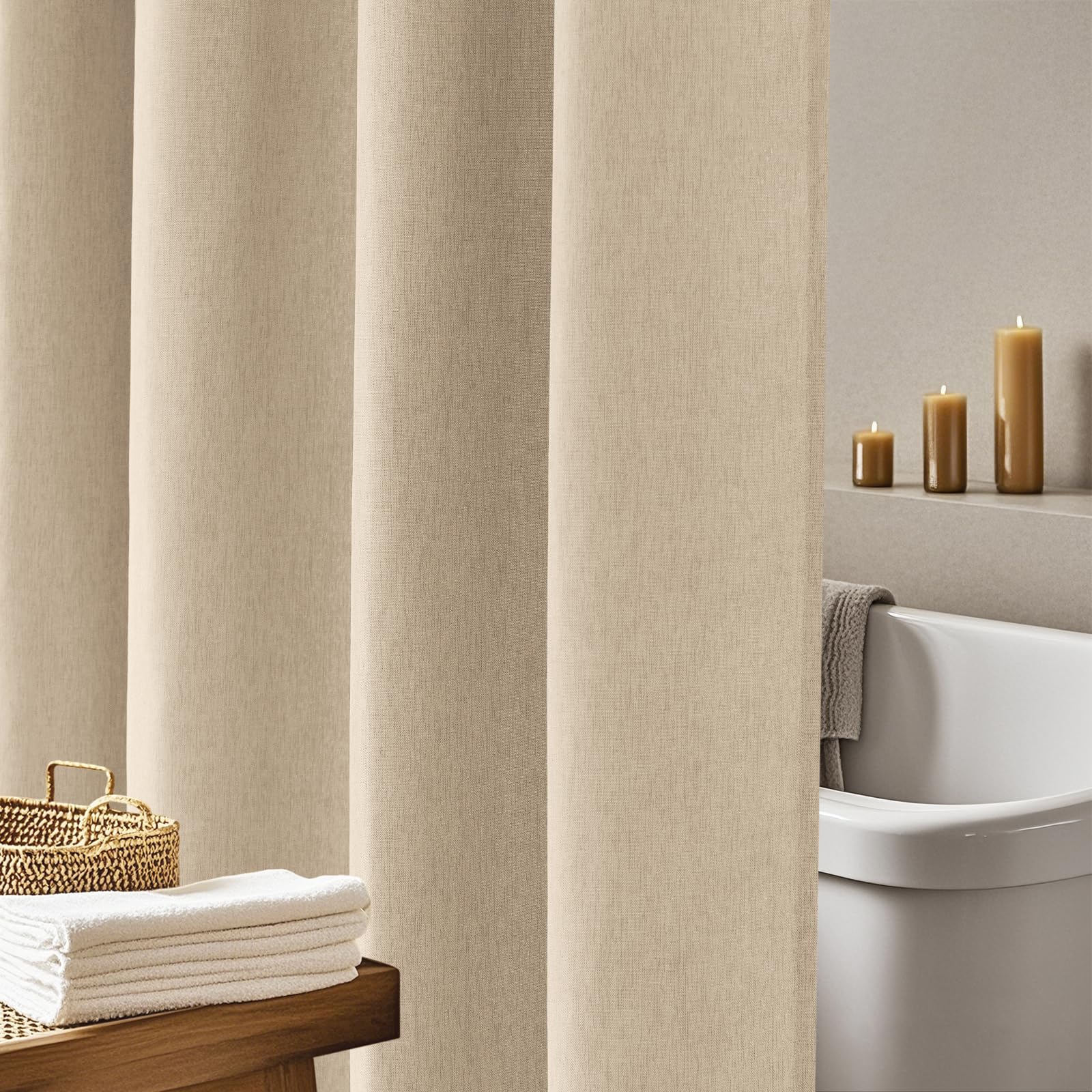 Photo 1 of Seenus 60 x 66 inch Taupe Short Fabric Shower Curtain Water-Resistant, Faux Linen Textured Farmhouse Shower Curtain Heavyweight, 60''W Washable Small Bathroom Curtain Tan for Rv Trailer