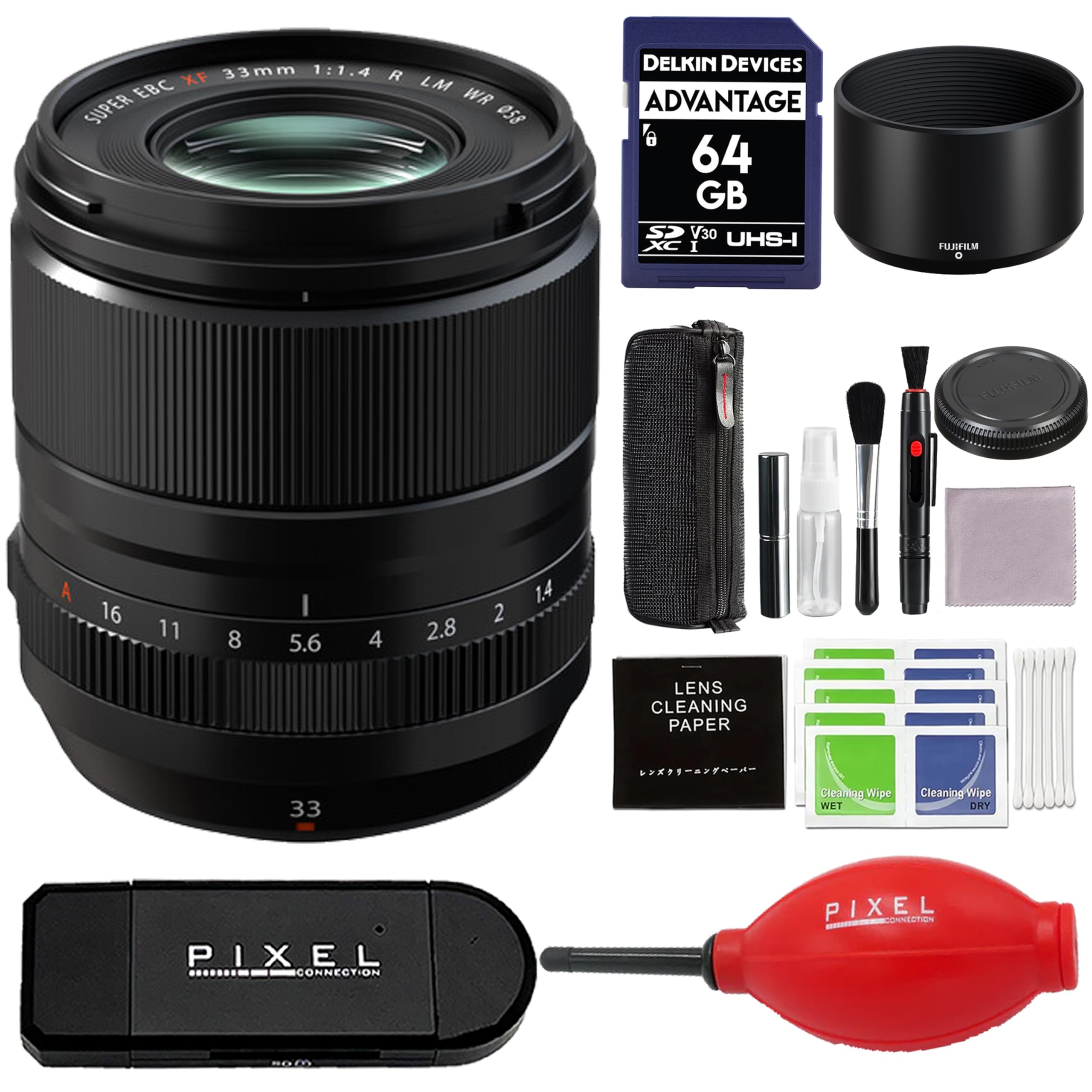 Fujifilm XF 33mm f/1.4 R LM WR Lens Bundle with Card Reader, 64GB SD Card and Advanced Accessories | USA Authorized with Fujifilm Warranty | Fuji 33mm