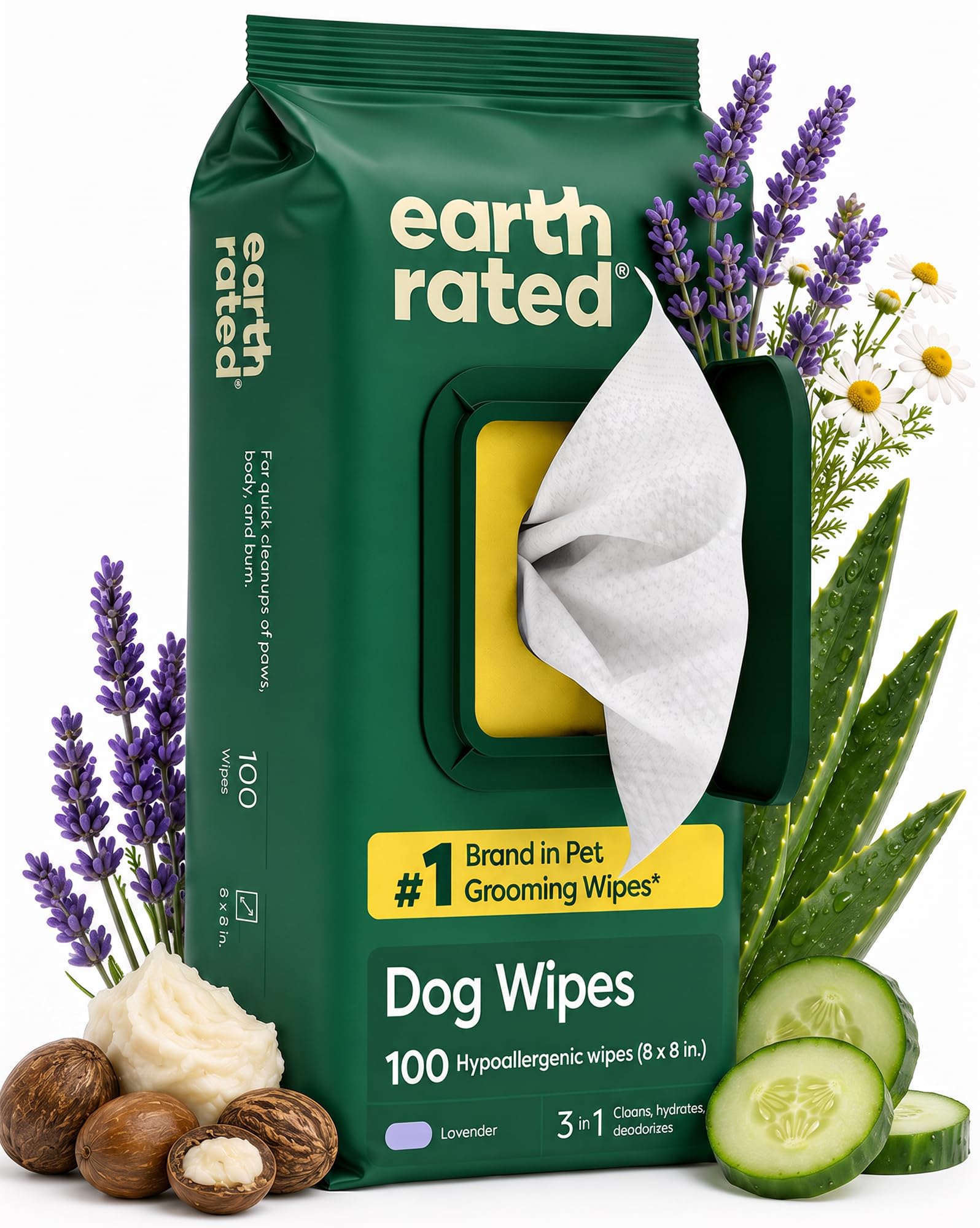 Earth Rated Salviette ipoallergeniche per Cani, puliscono ed eliminano Gli odori da Zampe, Corpo e Sedere, profumati alla Lavanda, 100 Pezzi