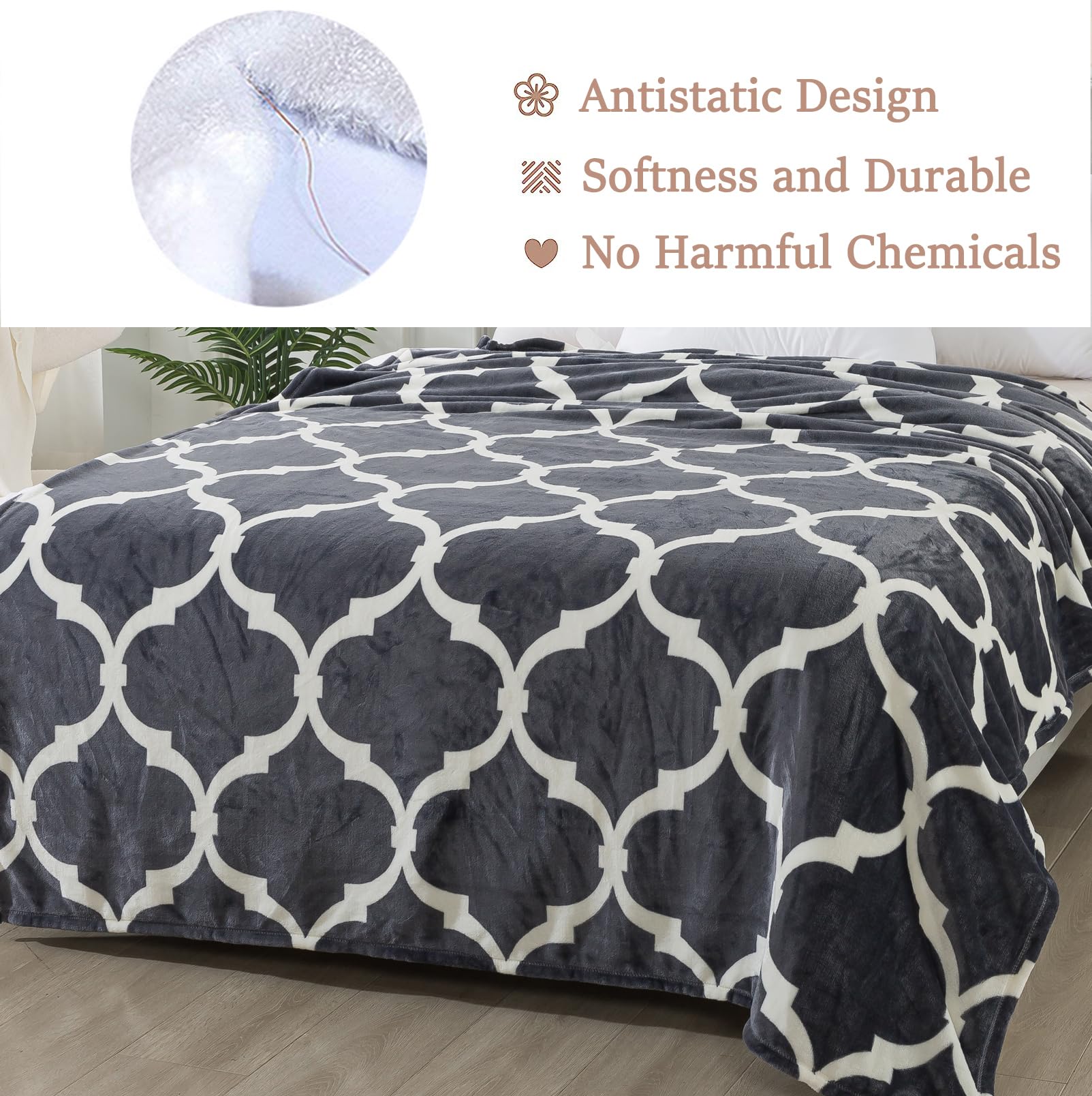 HOZY Gray Pattern Fleece Blanket, 220 x 240cm Fleece Velvet Plush Bed Blanket, Soft, Lightweight - Image 2