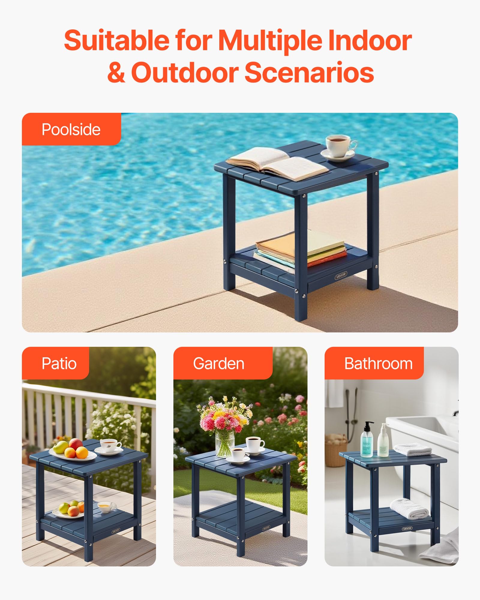 VEVOR Table d'Appoint Extérieur Jardin, 2 Niveaux, 45 x 38 x 44 cm, en PEHD, Entretien Facile, Résiste aux Intempéries, pour Terrasse, Bord de Piscine, Plage, Porche, Patio, Balcon, Intérieur, Bleu