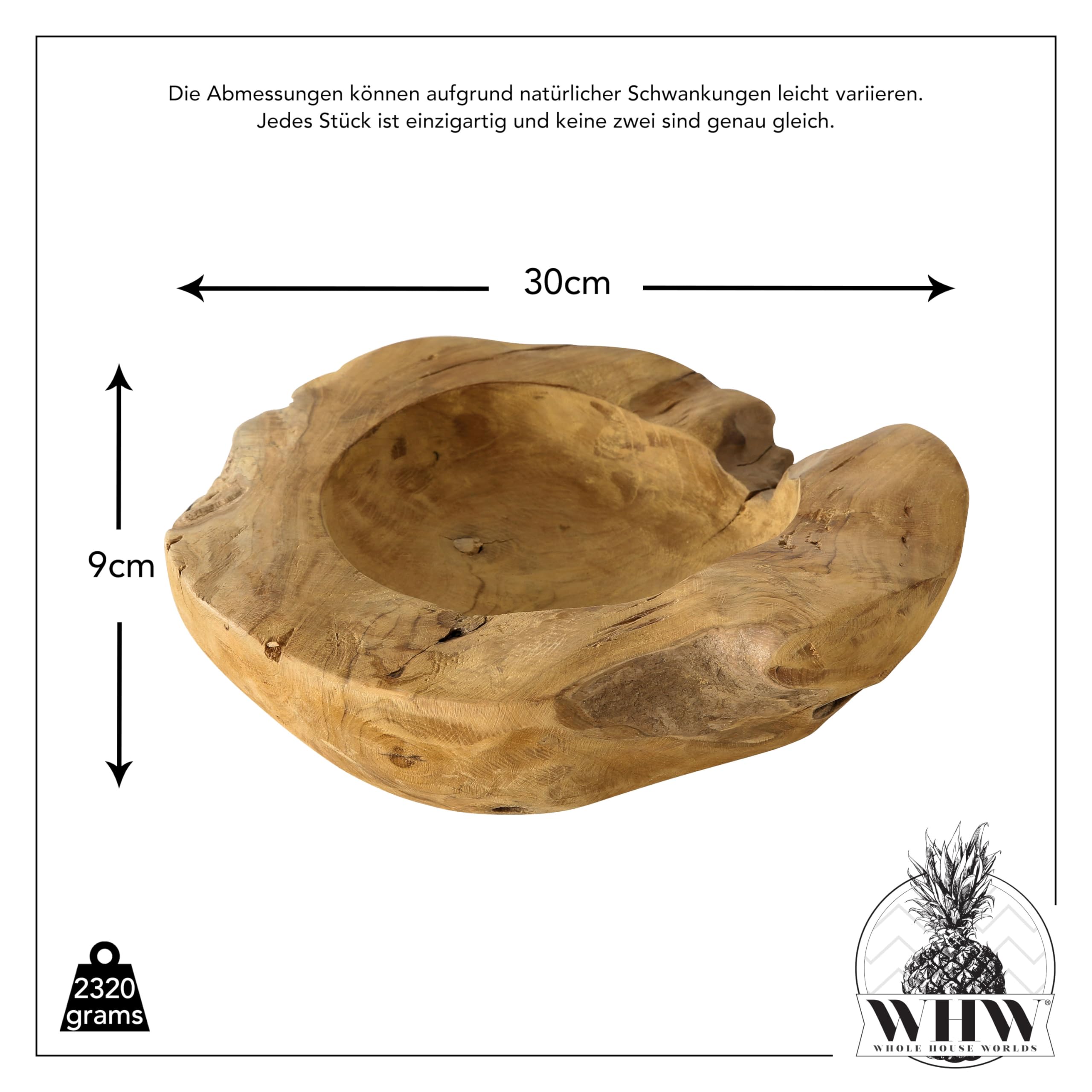 WHOLE HOUSE WORLDS Rustikale Dickes Teakholzschale, handgefertigt, braun, glatt geschliffen, körnig knotig, dekorativ, 30 cm Durchmesser