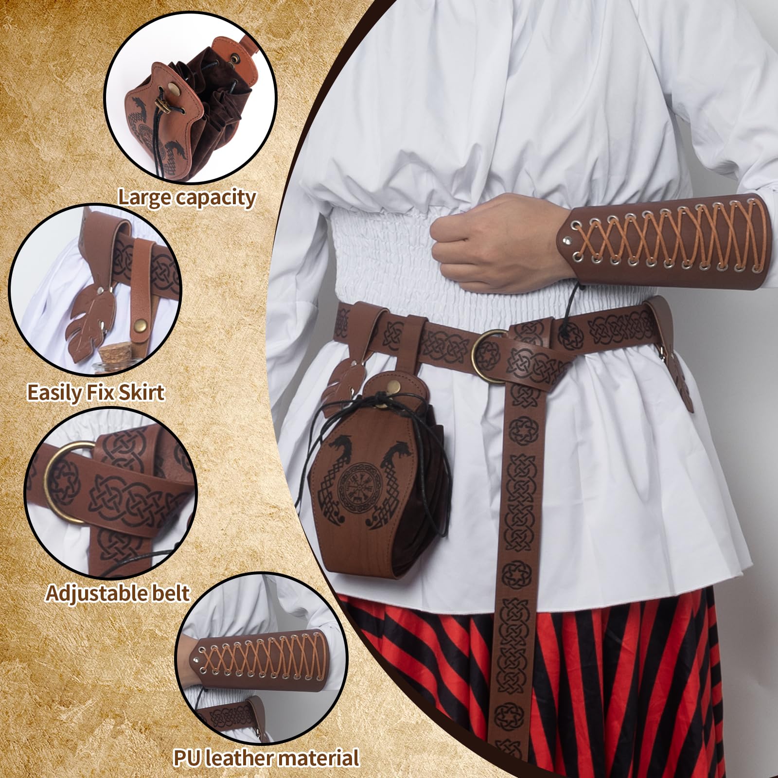 LLTTEER Set di accessori medievali per Halloween, con fascia medievale, fascia medievale, cintura vintage per cosplay, costume da strega e cavalieri rinascimentale (Marrone)