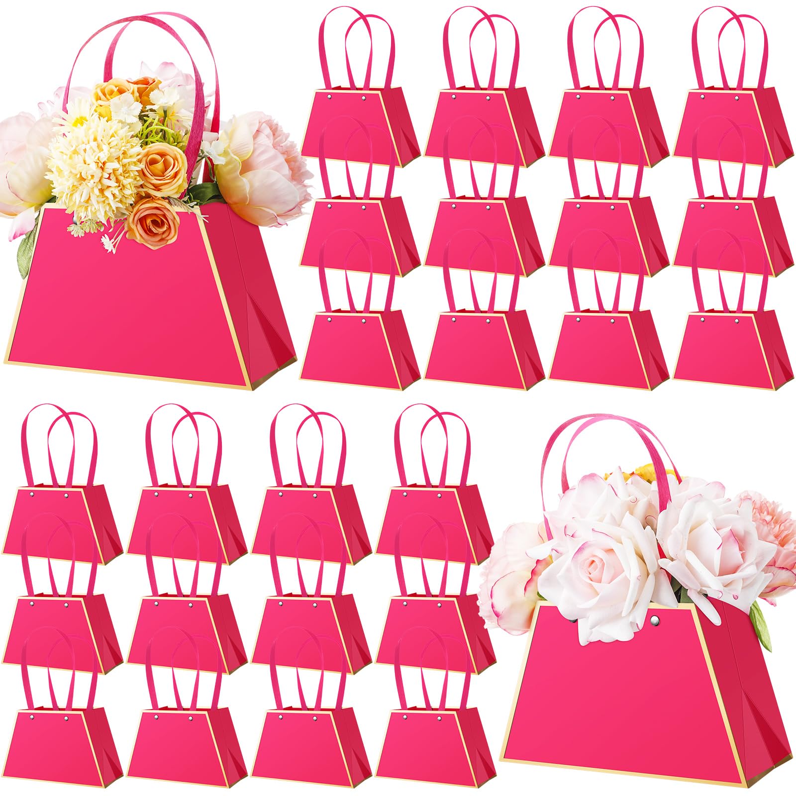 24 Pcs Mother's Day Floral Gift Bags Portable Bouquet Wrapping Paper Bag with Handle Waterproof Flower Boxes for Bouquets Florist Gift Wrap Bags for Graduation Wedding Birthday(Rose Red)