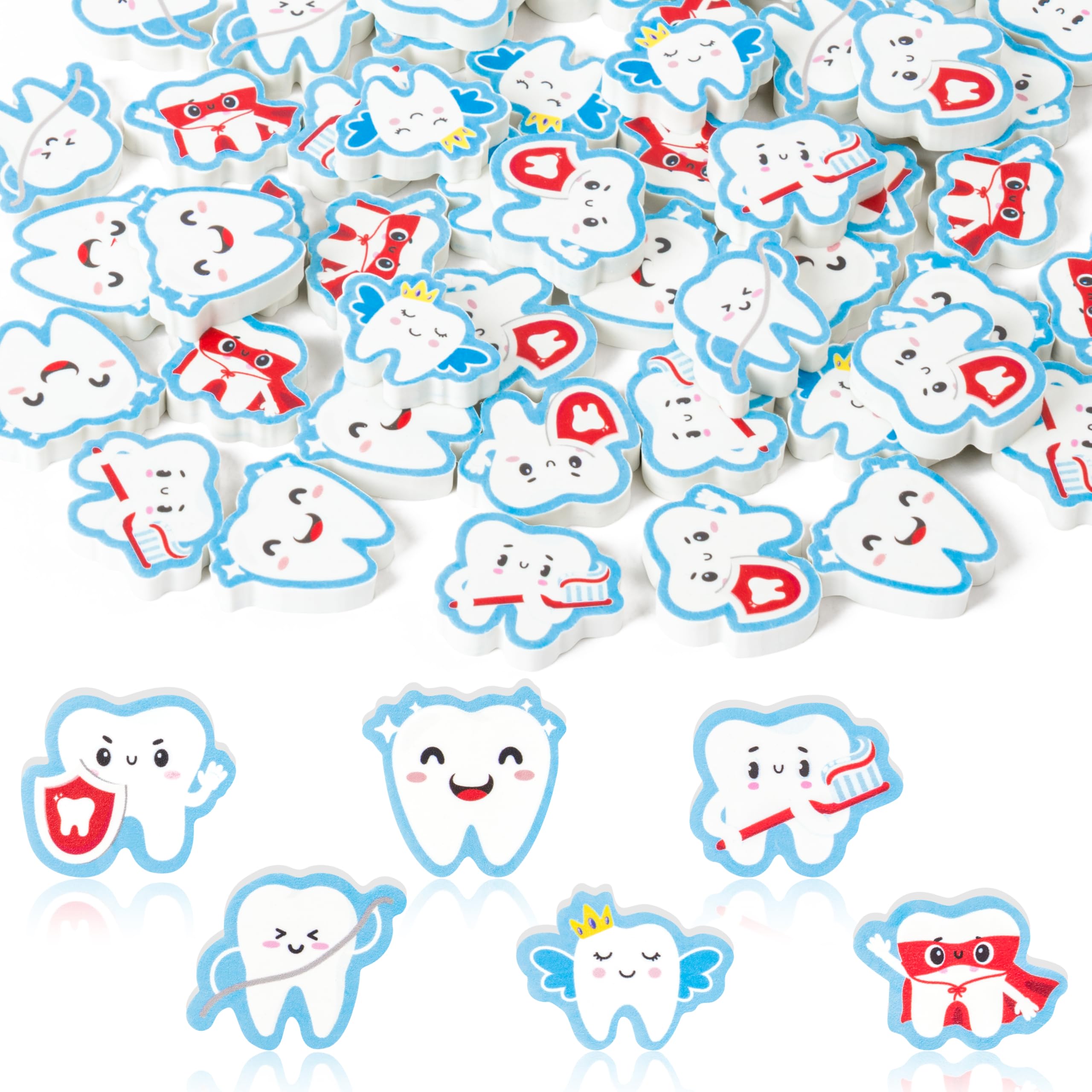 CJiangpo 60Pcs Tooth Mini Erasers for Kids Bulk, Cute Tooth Fairy Pencil Rubber Eraser Cartoon Novelty Teeth Themed Party Favors Filler School