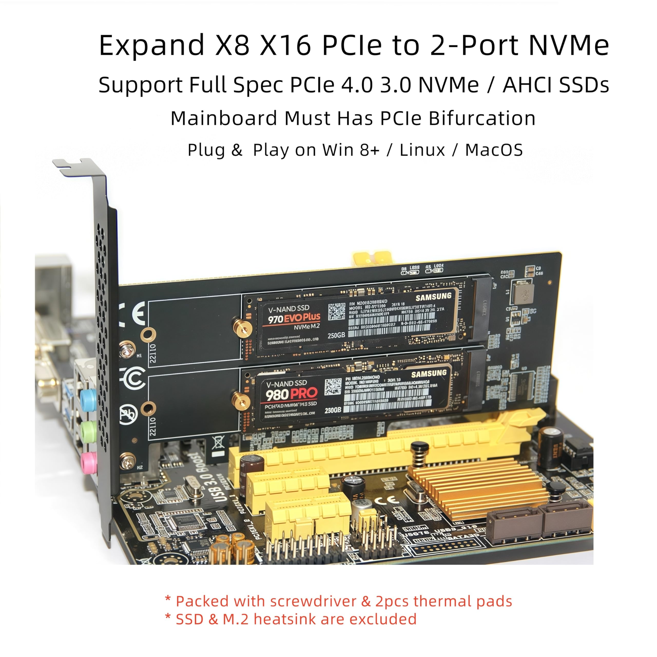 NVME Adaptador PCIe x4 x8 x16 con Disipador de Calor, 6amLifestyle M.2