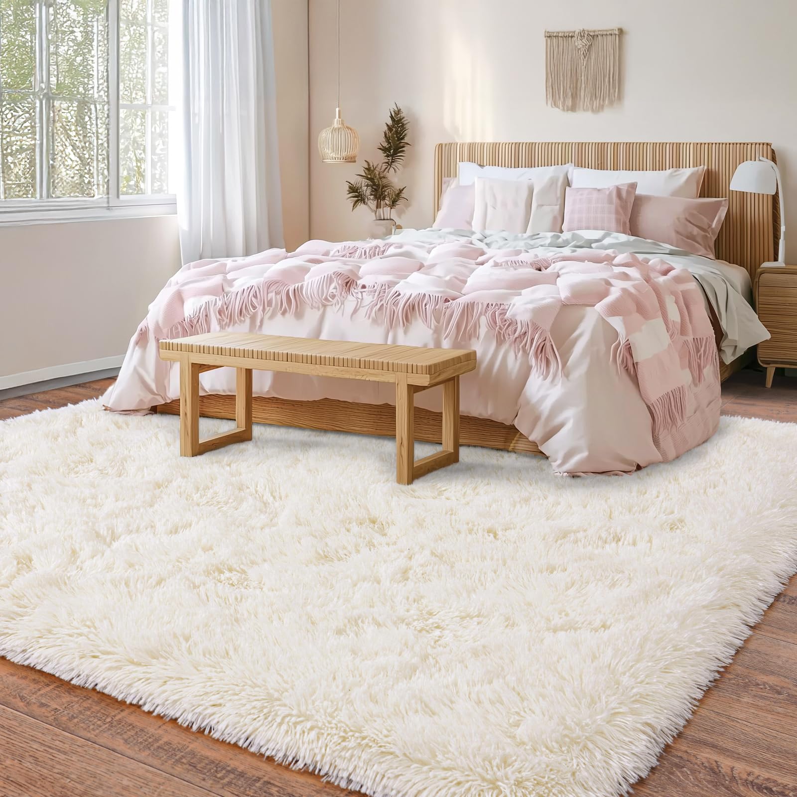 Großer Teppich Wohnzimmer 200x300 Hochflor Flauschig, Schlafzimmerteppich Langflor Creme, rutschfest Weich Shaggy Teppich für Kinderzimmer Teenager Schlafsaal