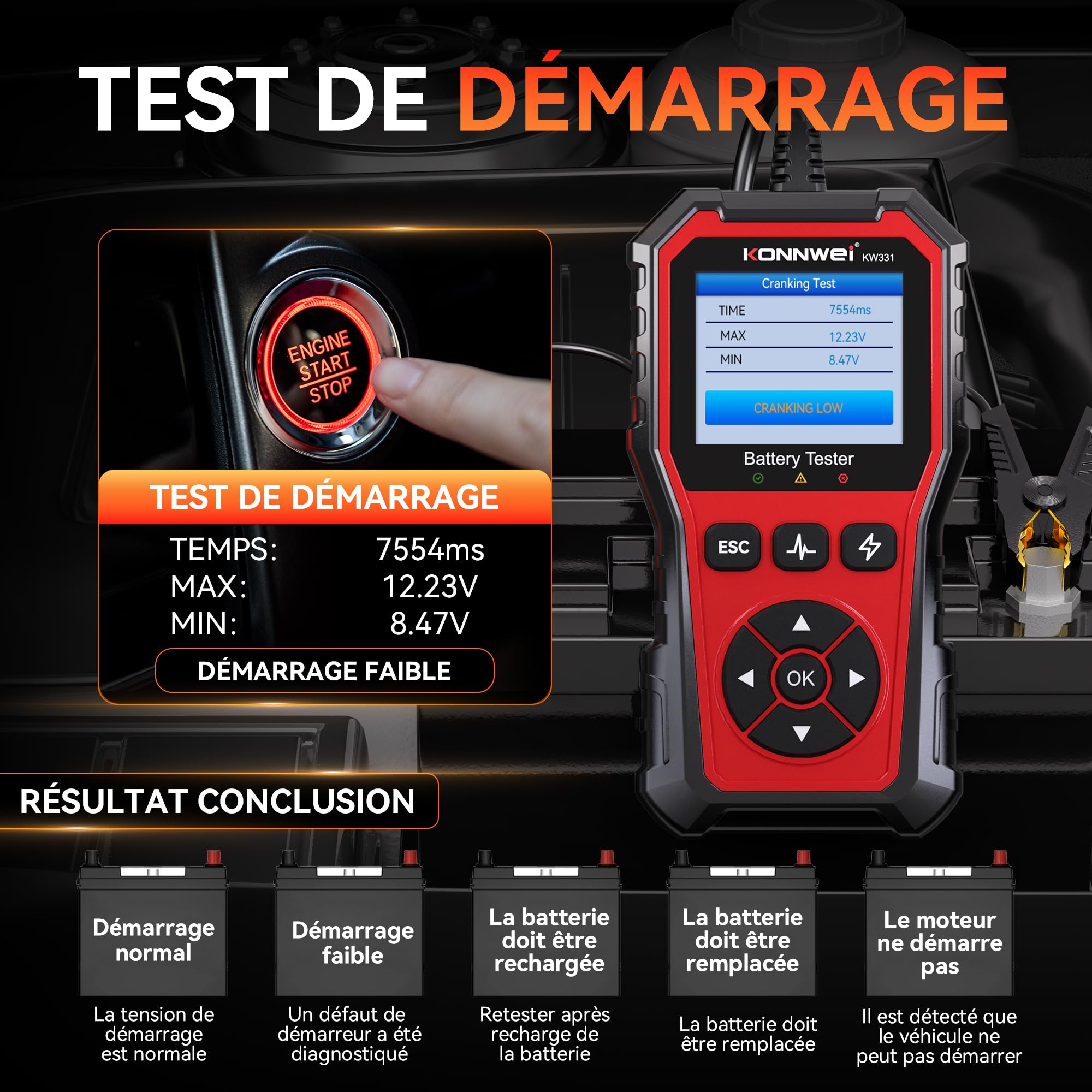 KONNWEI KW331 Testeur de Batterie avec Impression Cloud 10-2000 CCA 6V 12V 24V AGM Lithium Gel Batterie Analyseur Numérique Alternateur Système de Charge et Démarrage Voiture Moto Camions Marrine