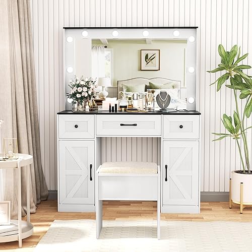 Miniatura 46 de Greenvelly Escritorio de maquillaje blanco con espejo, maquillaje de madera con 3 modos de iluminación, 2 cajones espaciosos y 6 compartimentos de