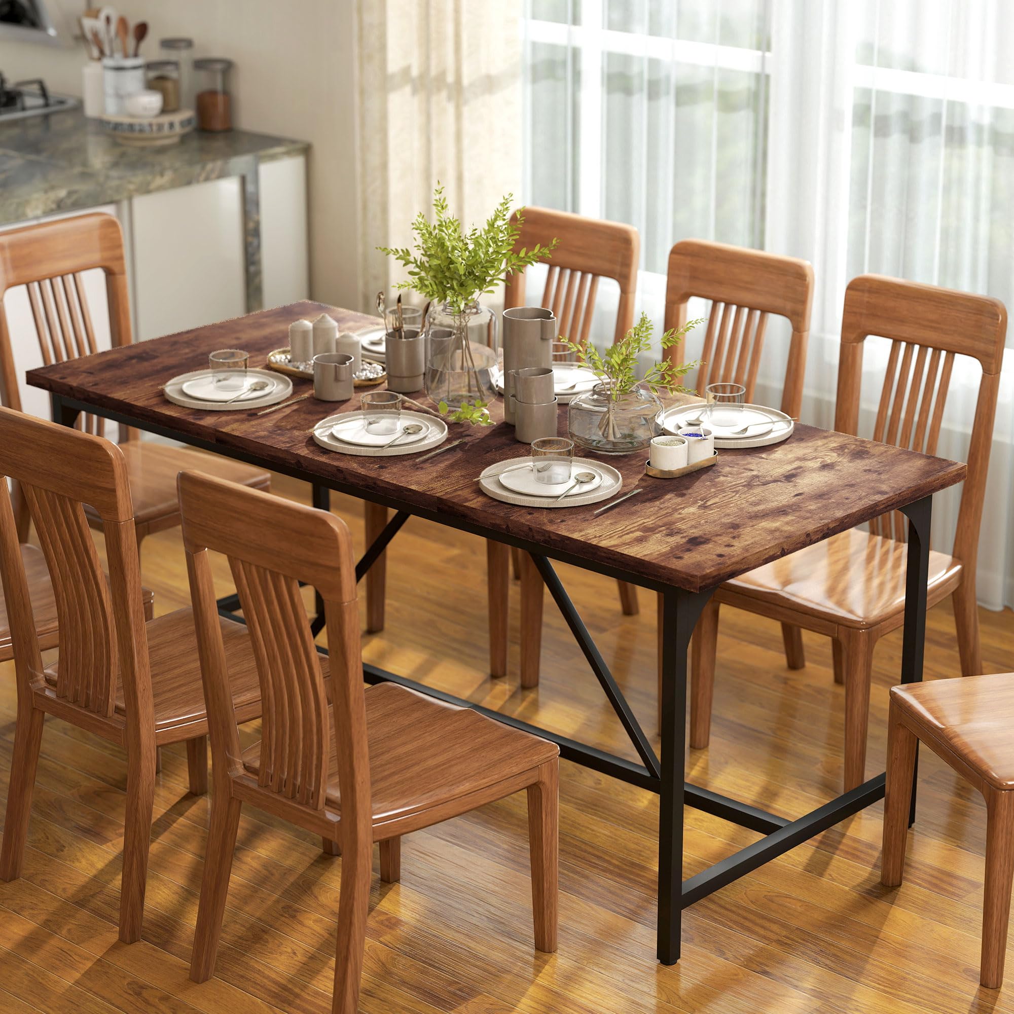HOMCOM Mesa de Comedor Rectangular 180x80x75,5 cm Marrón Rústico | Para 6-8 Personas, Mesa de Cocina Industrial, Tablero Grueso, Patas de Metal